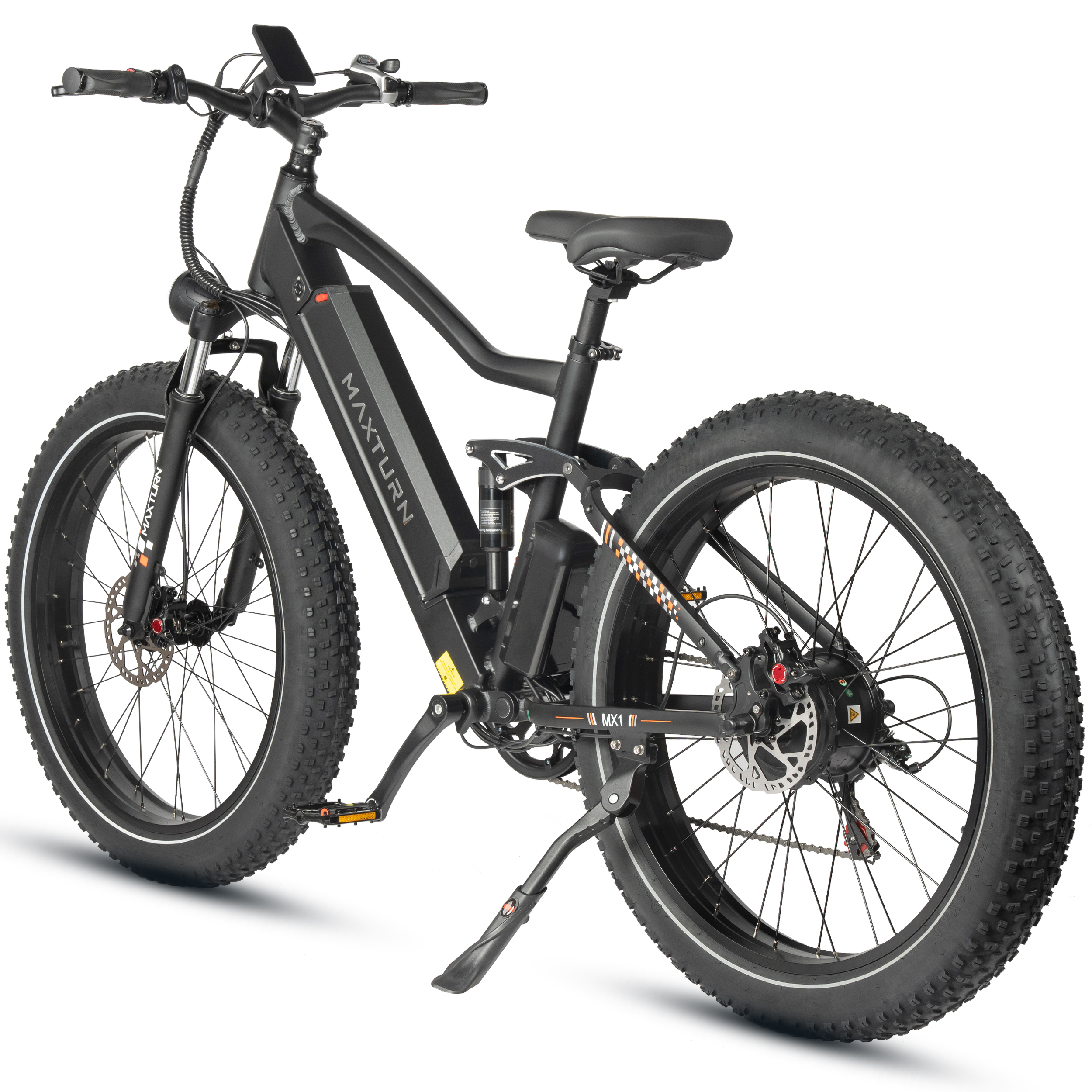 Una bicicleta eléctrica negra de llantas anchas con suspensión y frenos de disco.