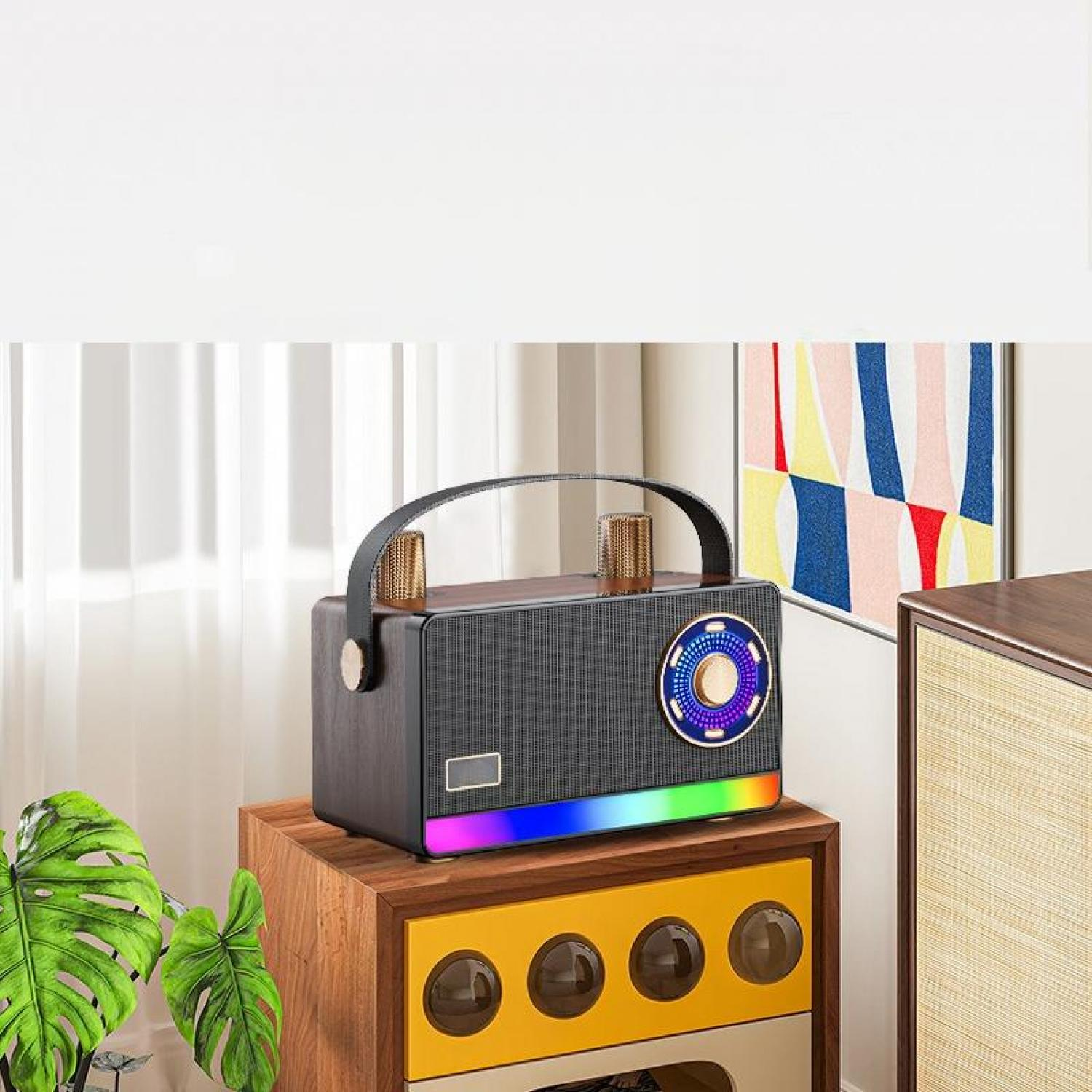 Ein Lautsprecher im Vintage-Stil mit bunten LED-Lichtern steht auf einem Holzschrank.