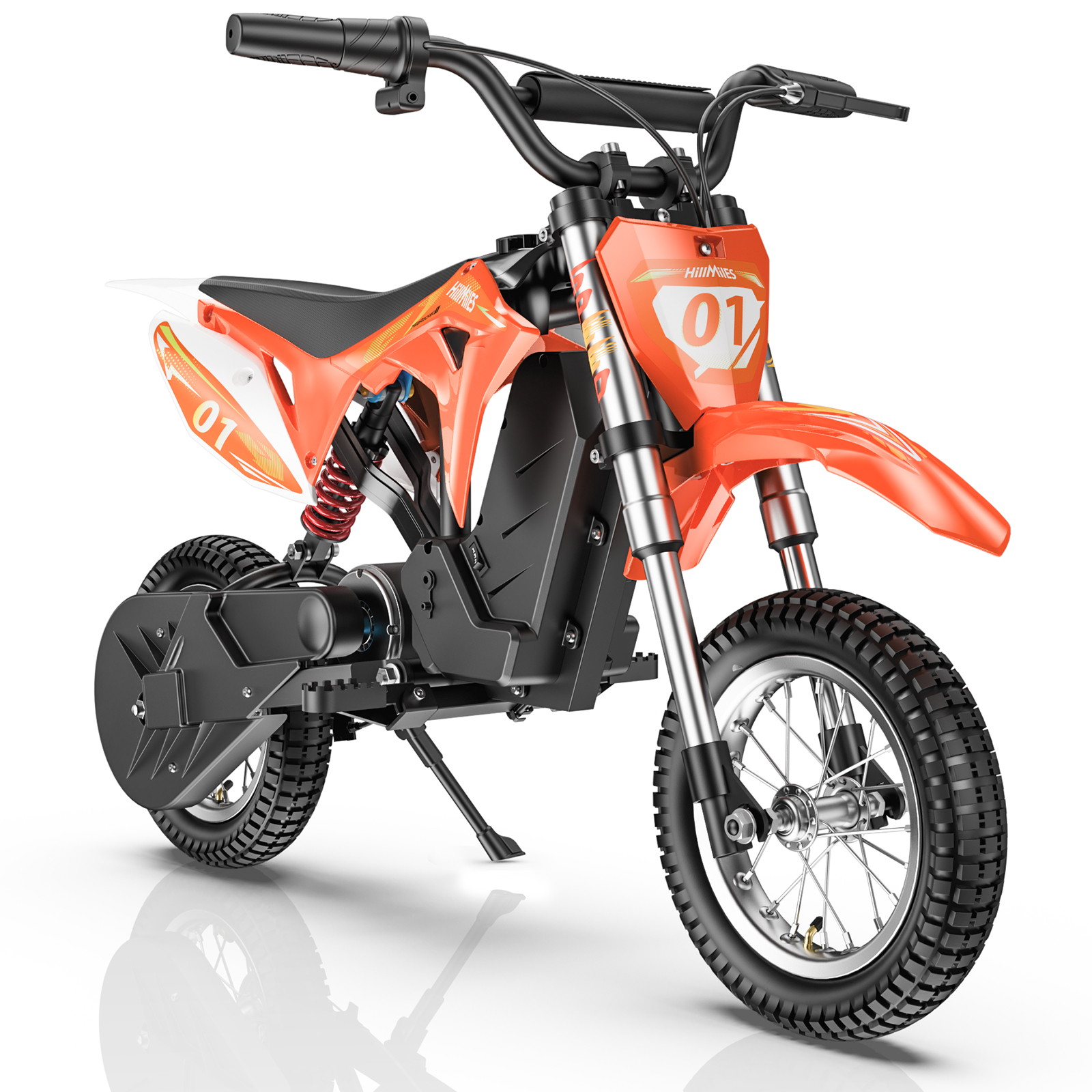 Ein orangefarbenes Elektro-Dirtbike mit Nummer 01 auf weißem Hintergrund.