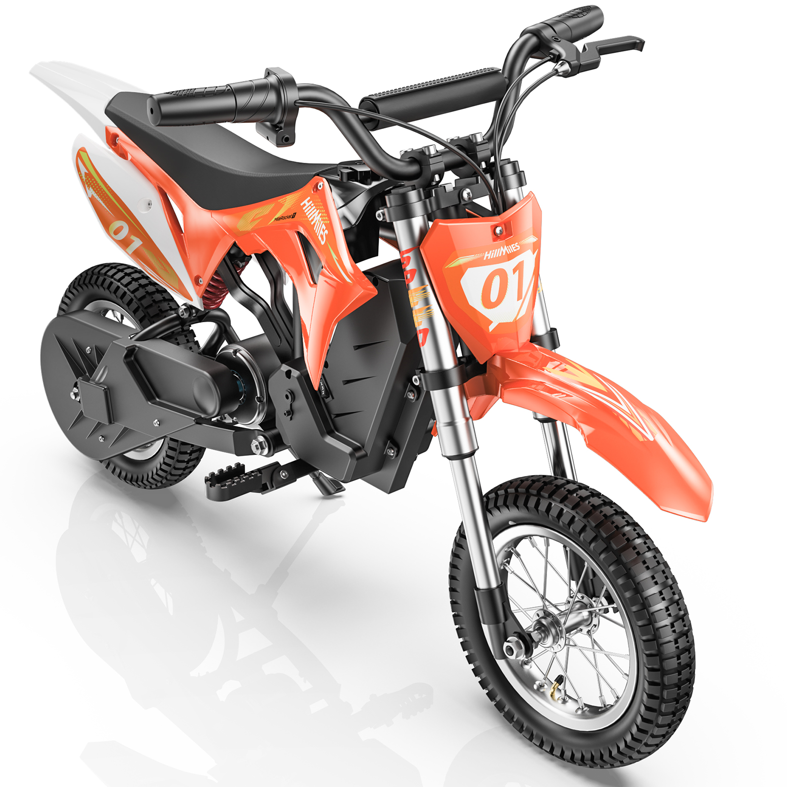 Ein orangefarbenes Dirtbike mit der Zahl 01 auf der Vorderseite.