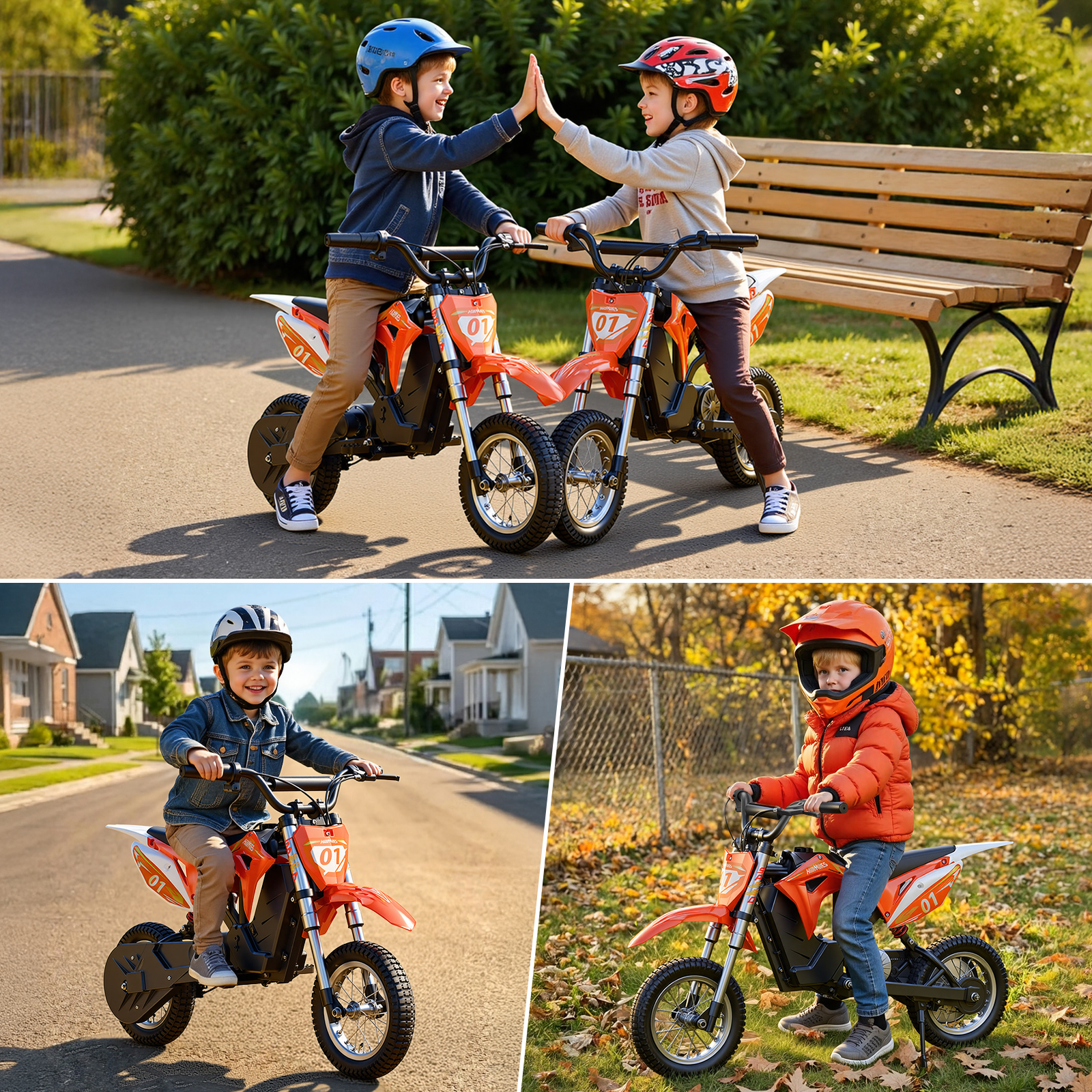 Zwei Jungen in Helmen geben sich auf Mini-Motorrädern die Hand. Ein dritter Junge fährt auf einem Motorrad.