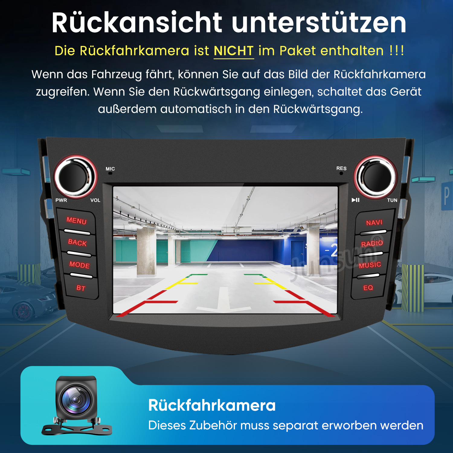 Ein Autoradio zeigt eine Parkgarage mit Rückfahrlinien. Eine kleine Kamera ist abgebildet.