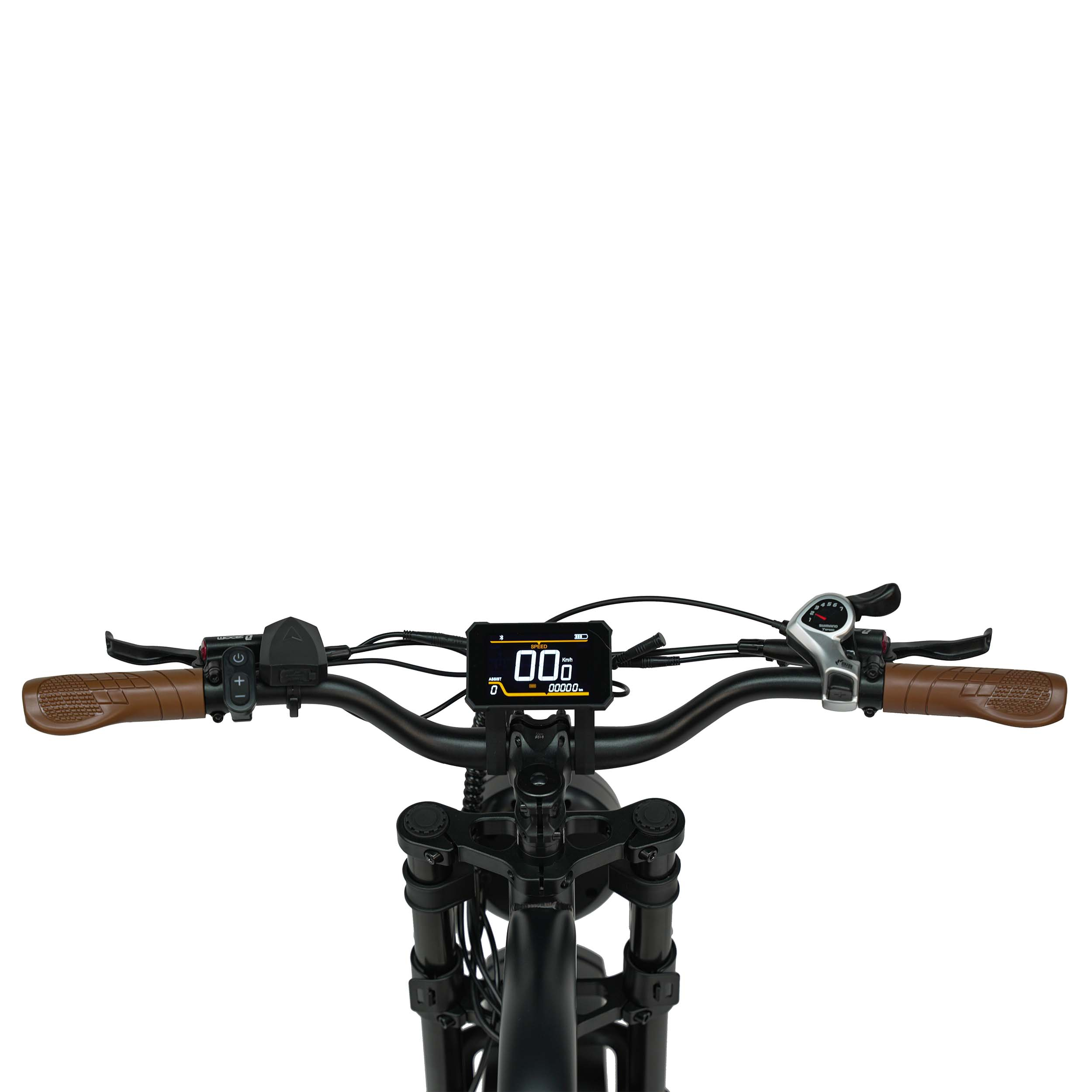 Fahrradlenker mit digitalen Display, braunen Griffen und Schalthebel.