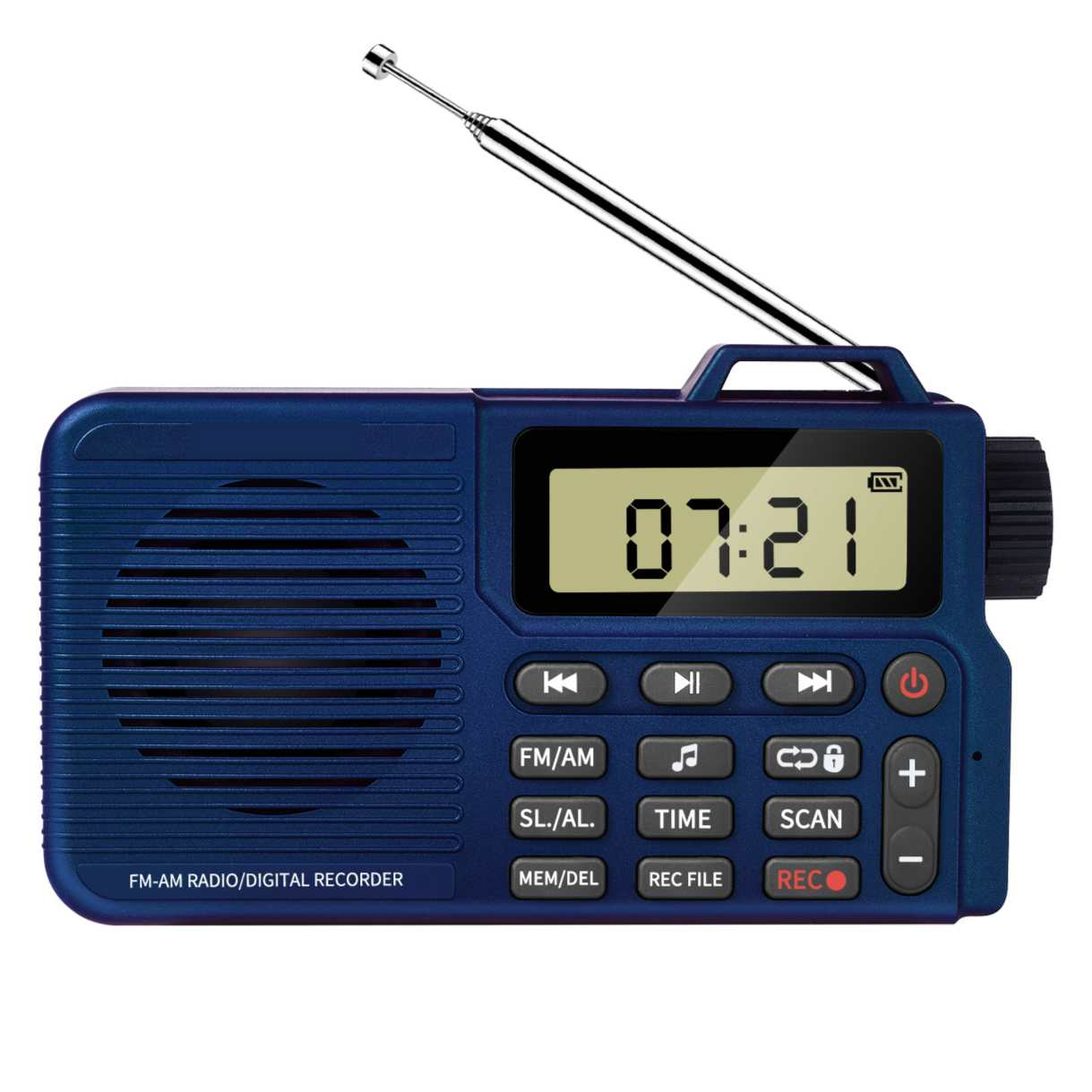 Ein blauer FM/AM-Radio-Digitalrekorder mit ausfahrbarer Antenne und LCD-Anzeige.