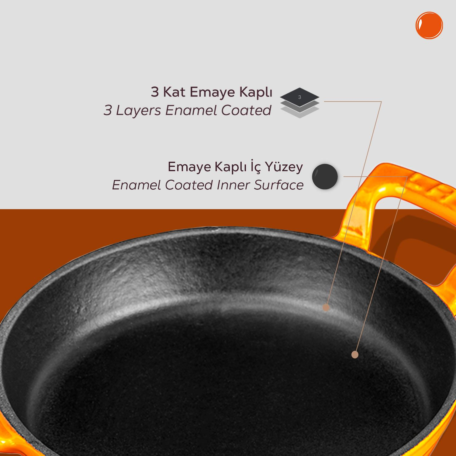 Turuncu döküm tencere, 3 kat emaye kaplama, siyah iç yüzey.