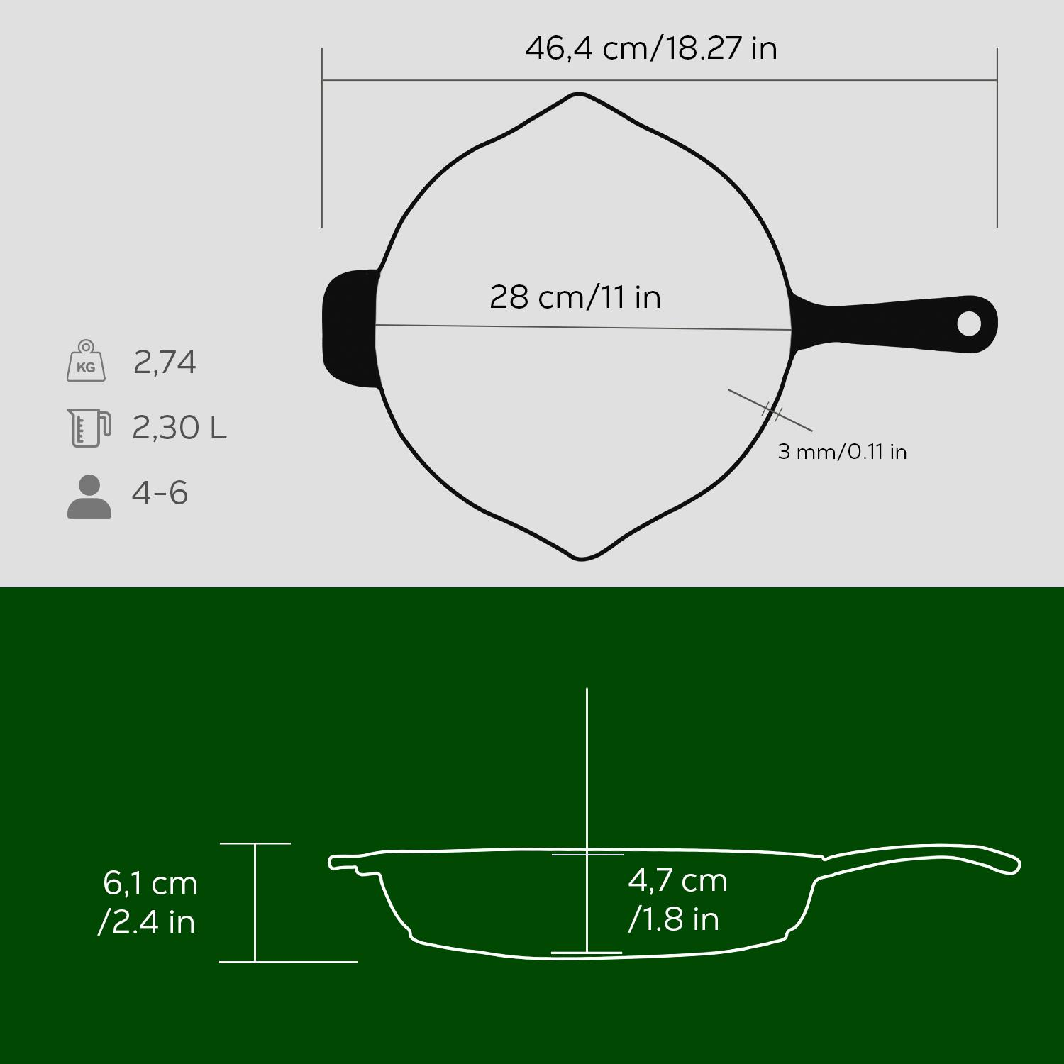 Döküm tava: 2,74kg, 2,30L, 4-6 kişilik. Boyutlar: 46,4x28cm, yükseklik 6,1cm.