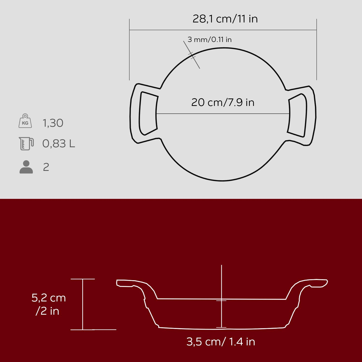 Tava teknik çizimi boyutlarıyla: 28,1 cm çap, 20 cm genişlik, 5,2 cm yükseklik.