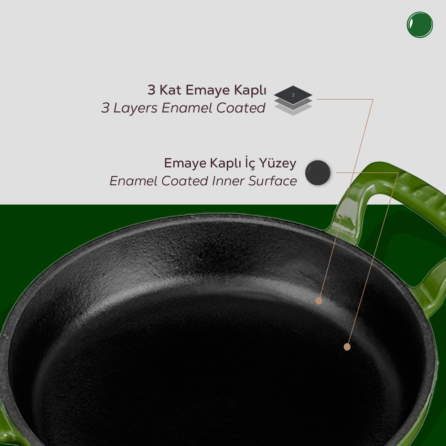 3 kat emaye kaplı yeşil tava. Siyah iç yüzey.