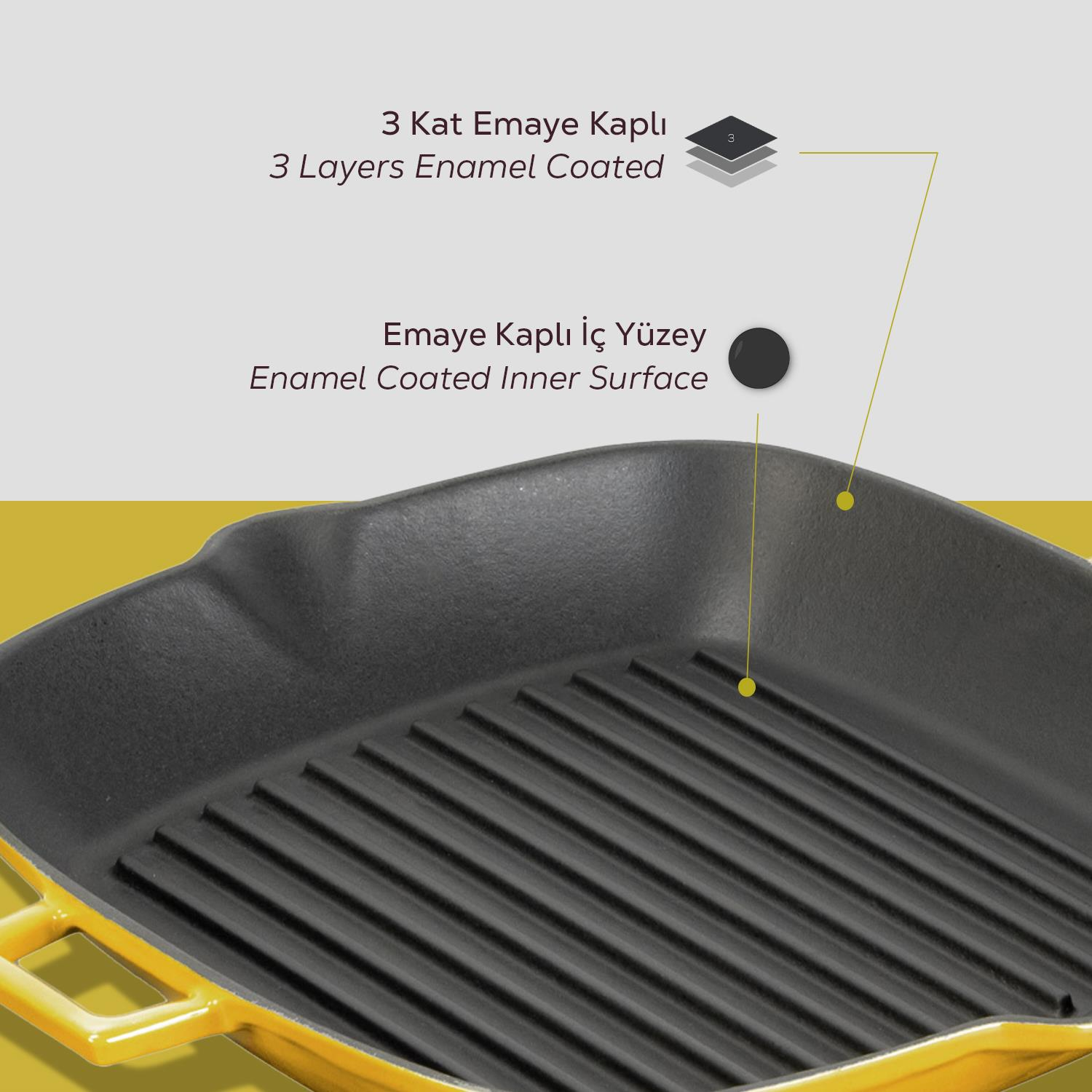 Sarı döküm grill tavasi, iç ve dış yüzeylerinde 3 kat emaye kaplama.