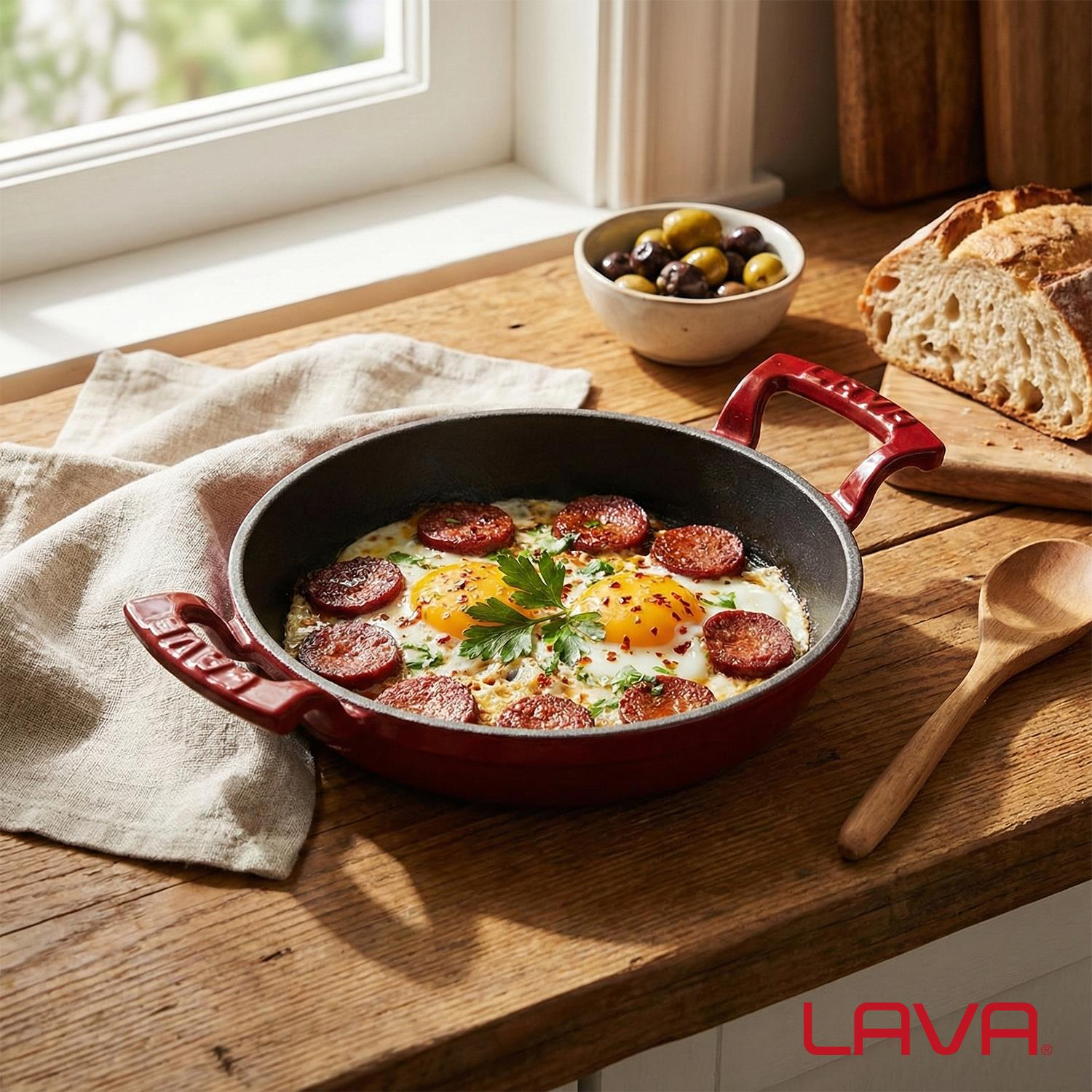Tavada sahanda yumurta, sucuk, maydanoz, zeytin, ekmek ve tahta kaşık.