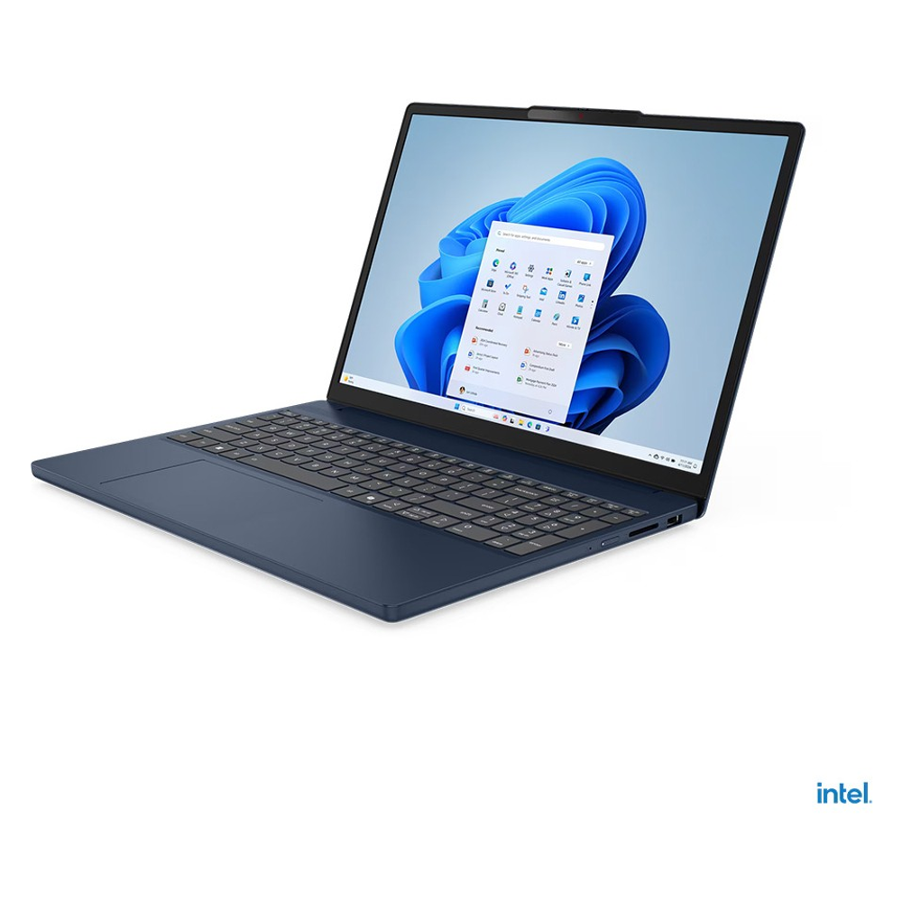 Ekranında Intel logosu bulunan kapalı lacivert bir dizüstü bilgisayar.