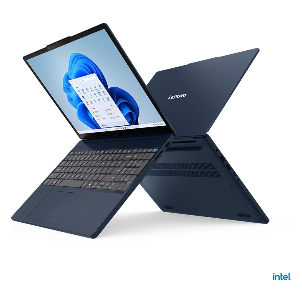 Koyu mavi Lenovo dizüstü bilgisayar, açık ekran ve klavye. Intel logosu sağ altta.