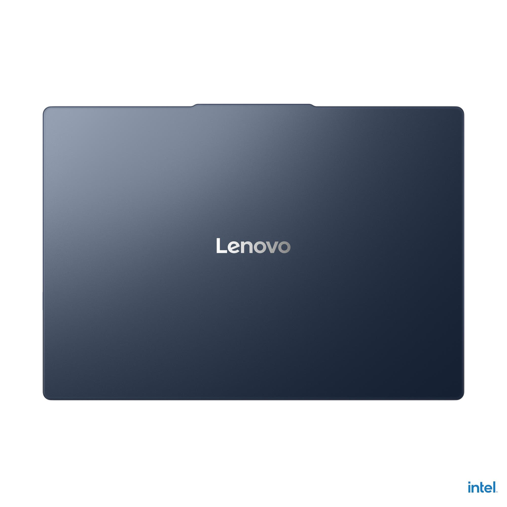 Intel logolu kapalı lacivert Lenovo dizüstü bilgisayar.