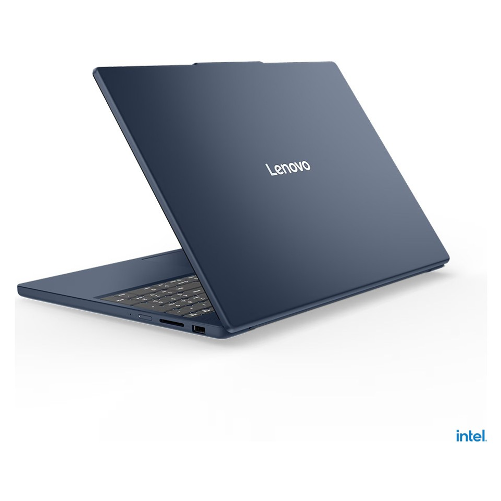 Klavyesi görünen, kapağı açık koyu mavi Lenovo dizüstü bilgisayar.