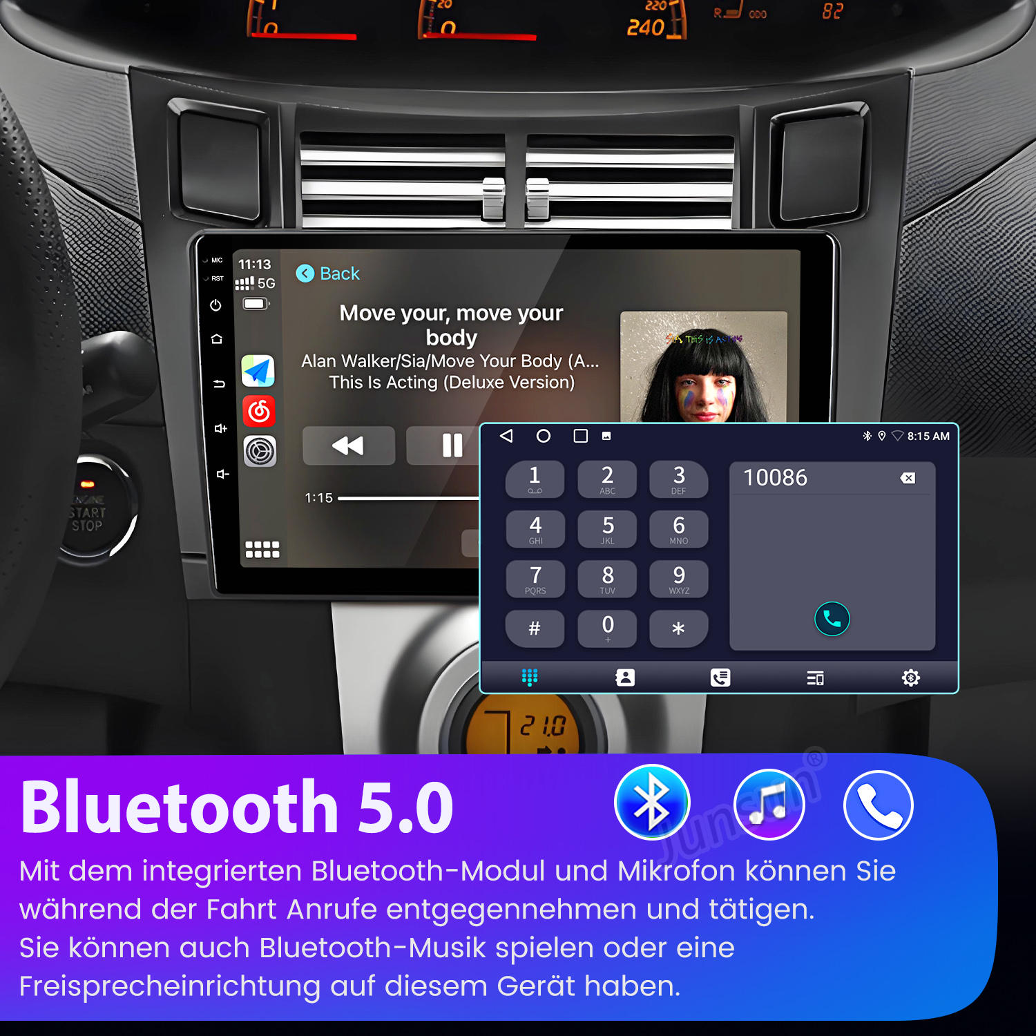 Ein Autoradio zeigt Musikwiedergabe und eine Tastatur an. Unten ist Bluetooth 5.0 beworben.