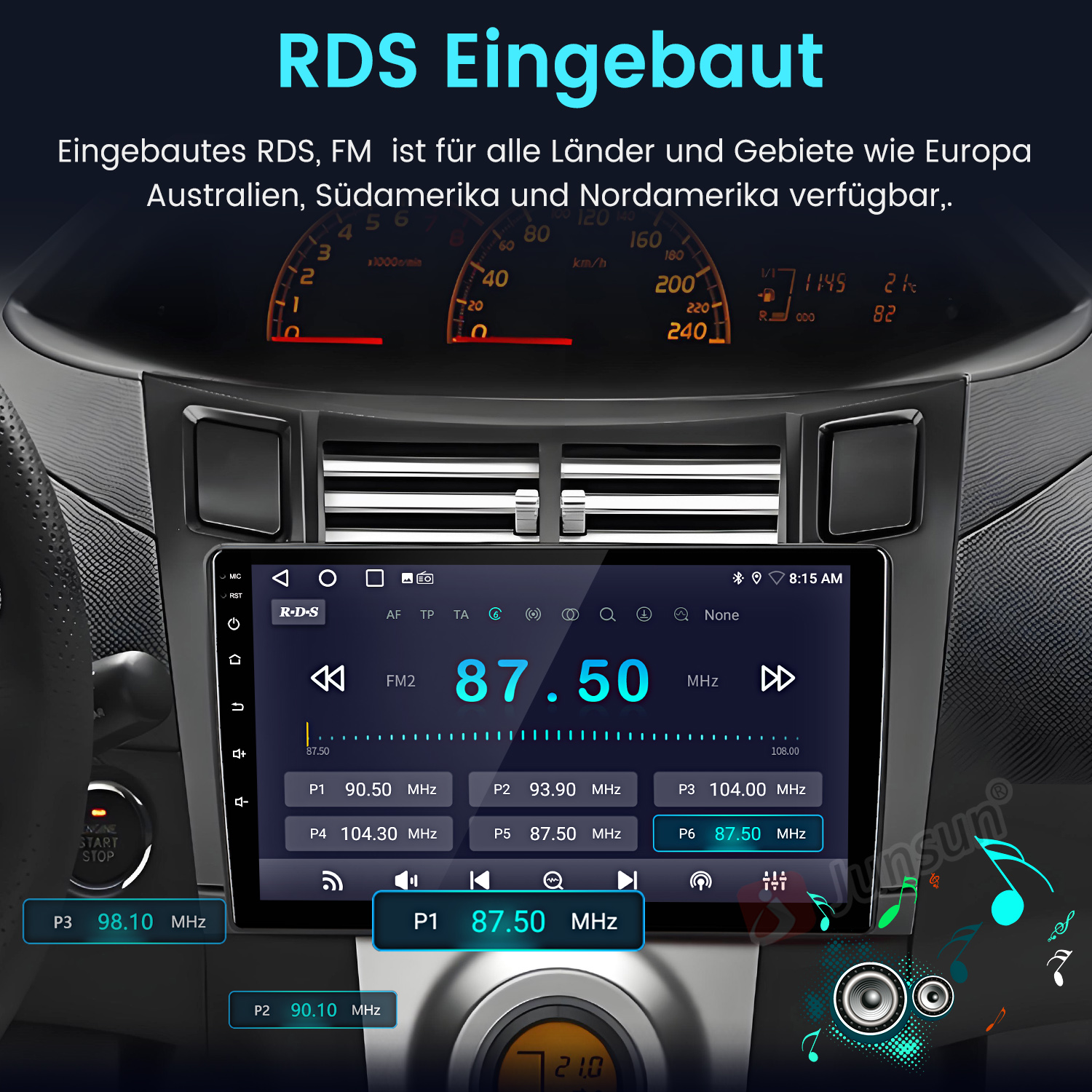 Auto-Infotainmentsystem mit RDS-FM-Radio, Touchscreen, Tachometer und Drehzahlmesser.
