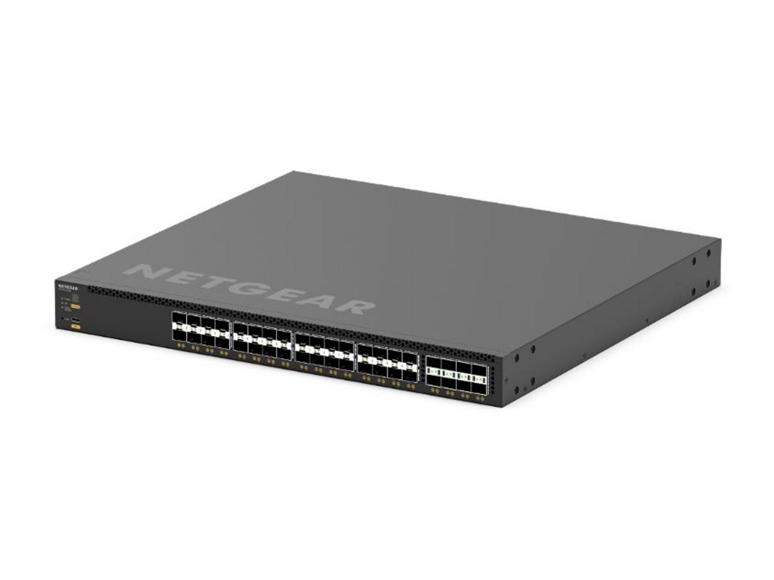 Een grijze Netgear switch met veel poorten en indicatielampjes.