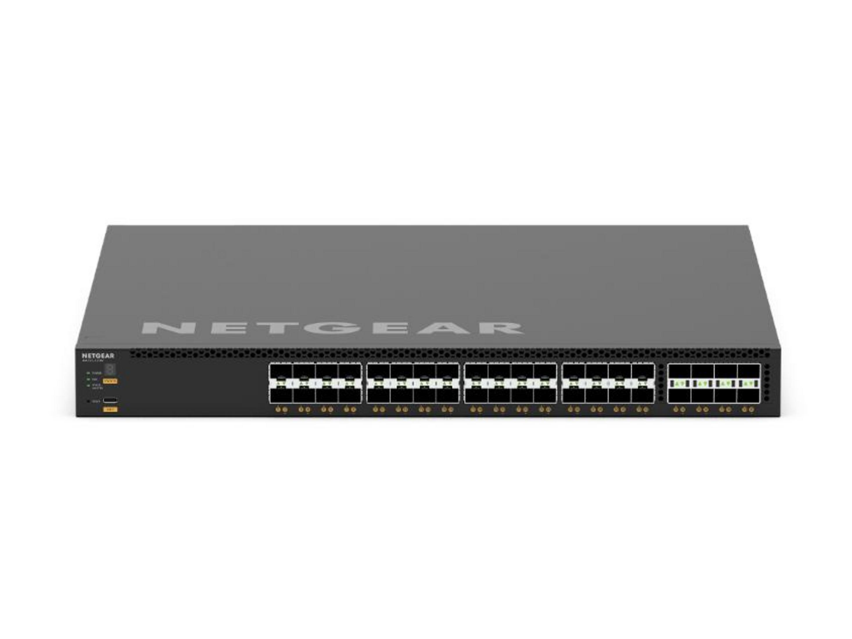 Een grijze Netgear switch met veel poorten en indicatielampjes.