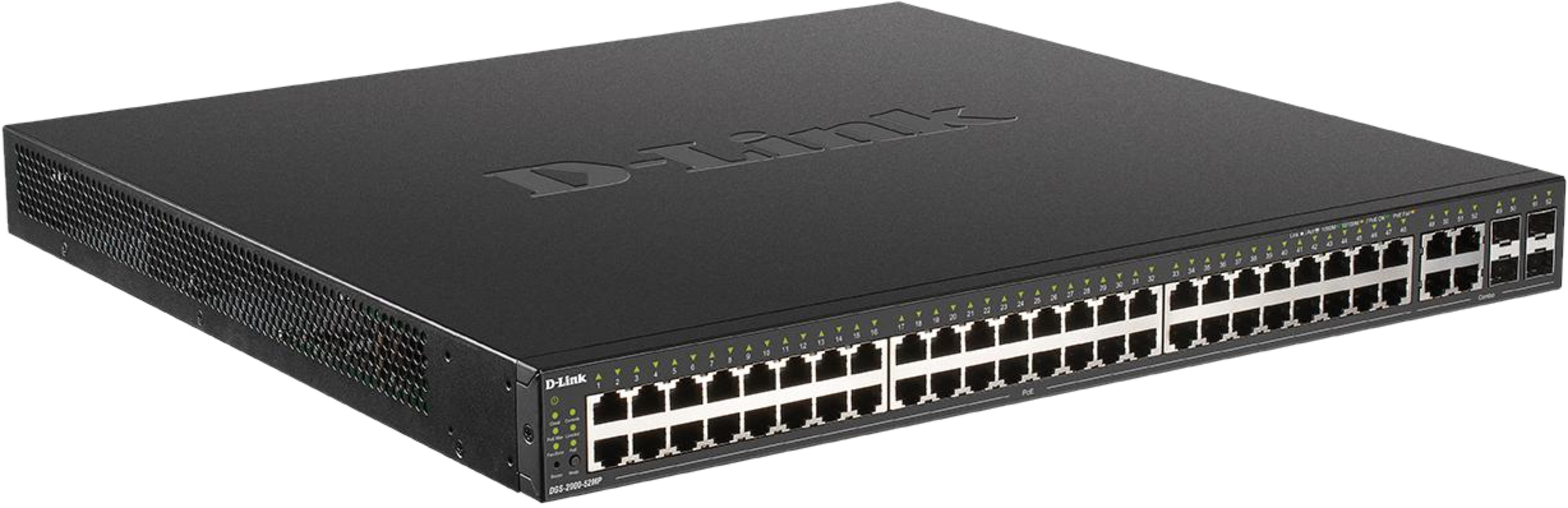 Uno switch di rete D-Link nero con numerose porte.
