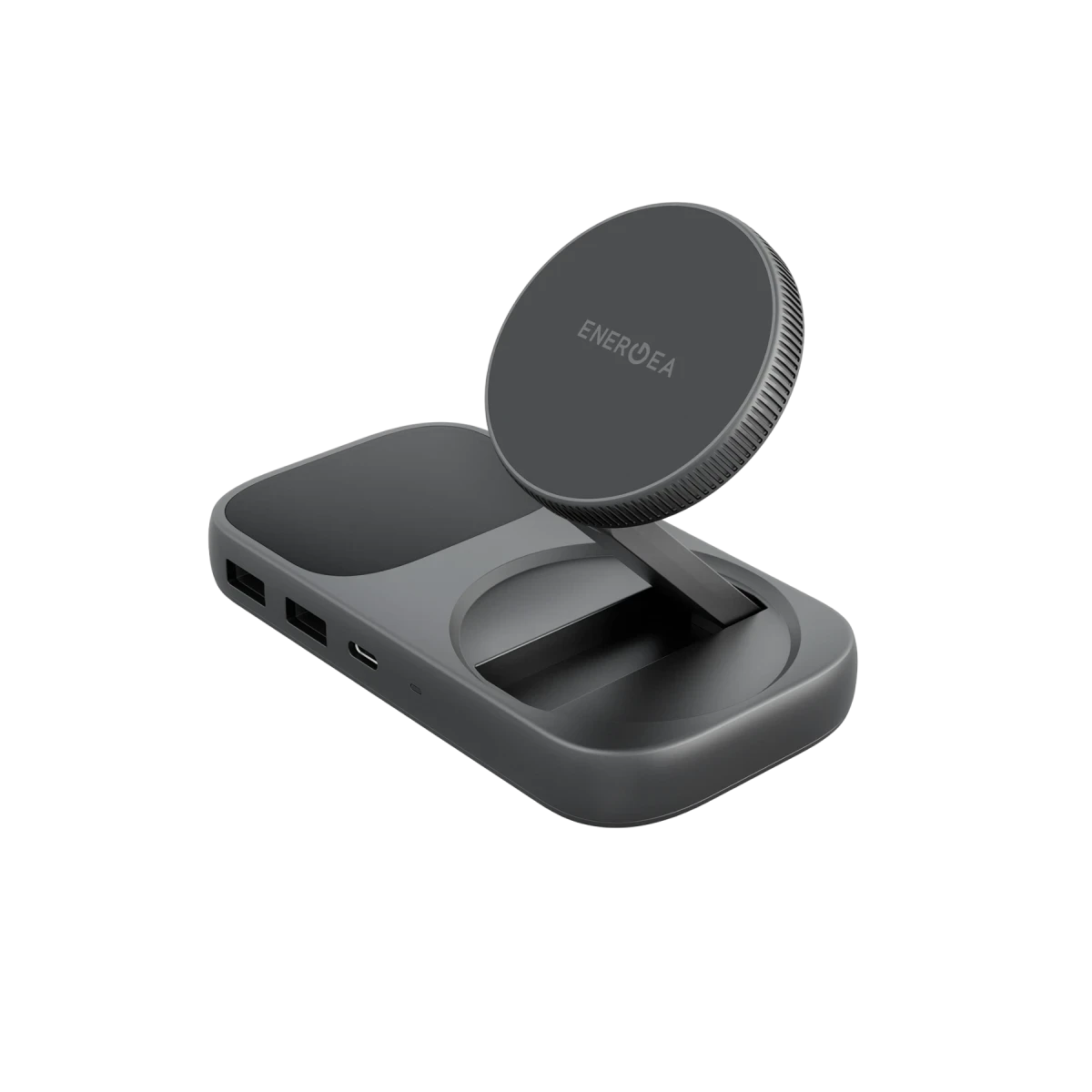 Un supporto di ricarica grigio con due porte USB e una testina di ricarica girevole.