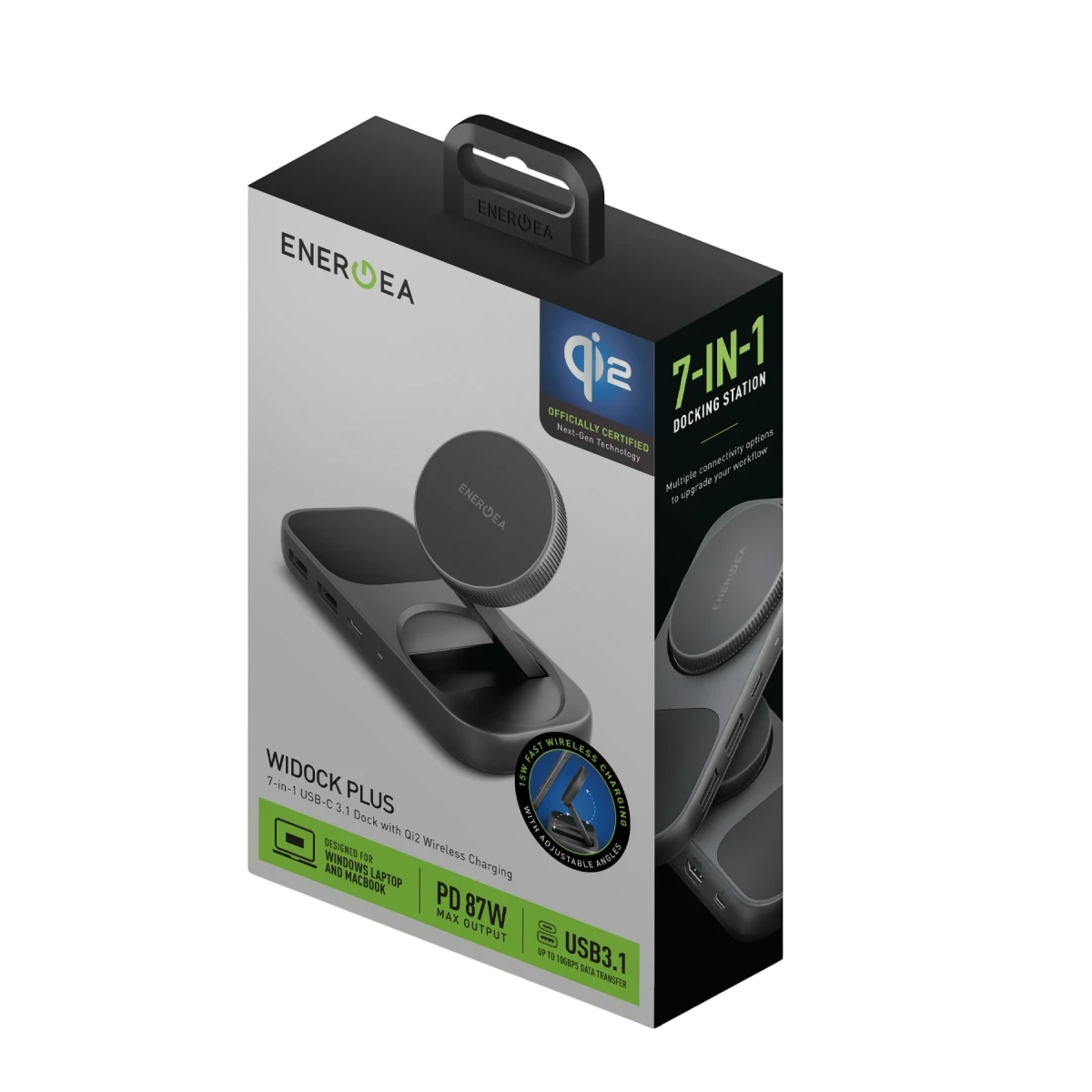 Confezione di una docking station Energea 7-in-1 con caricatore wireless Qi2.