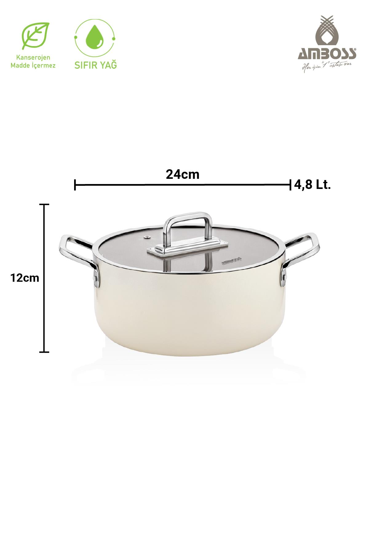 Cam kapaklı krem rengi tencere, 24cm eninde, 12cm yüksekliğinde, 4,8 litrelik.