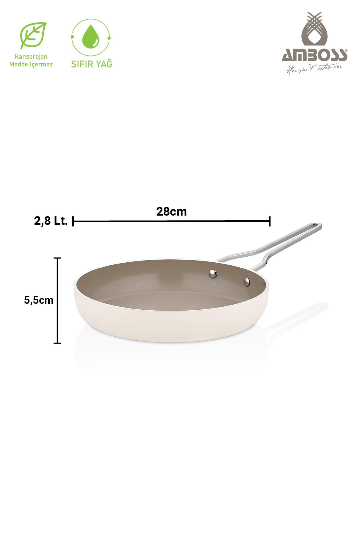 28cm çapında, 5,5cm yüksekliğinde, 2,8Lt kapasiteli beyaz tava.