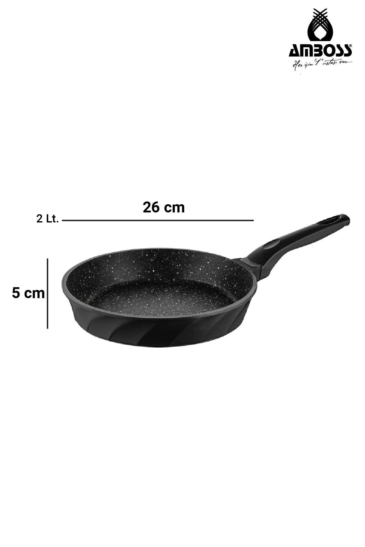 Siyah yapışmaz tava, 26cm çap, 5cm yükseklik, 2L hacim.