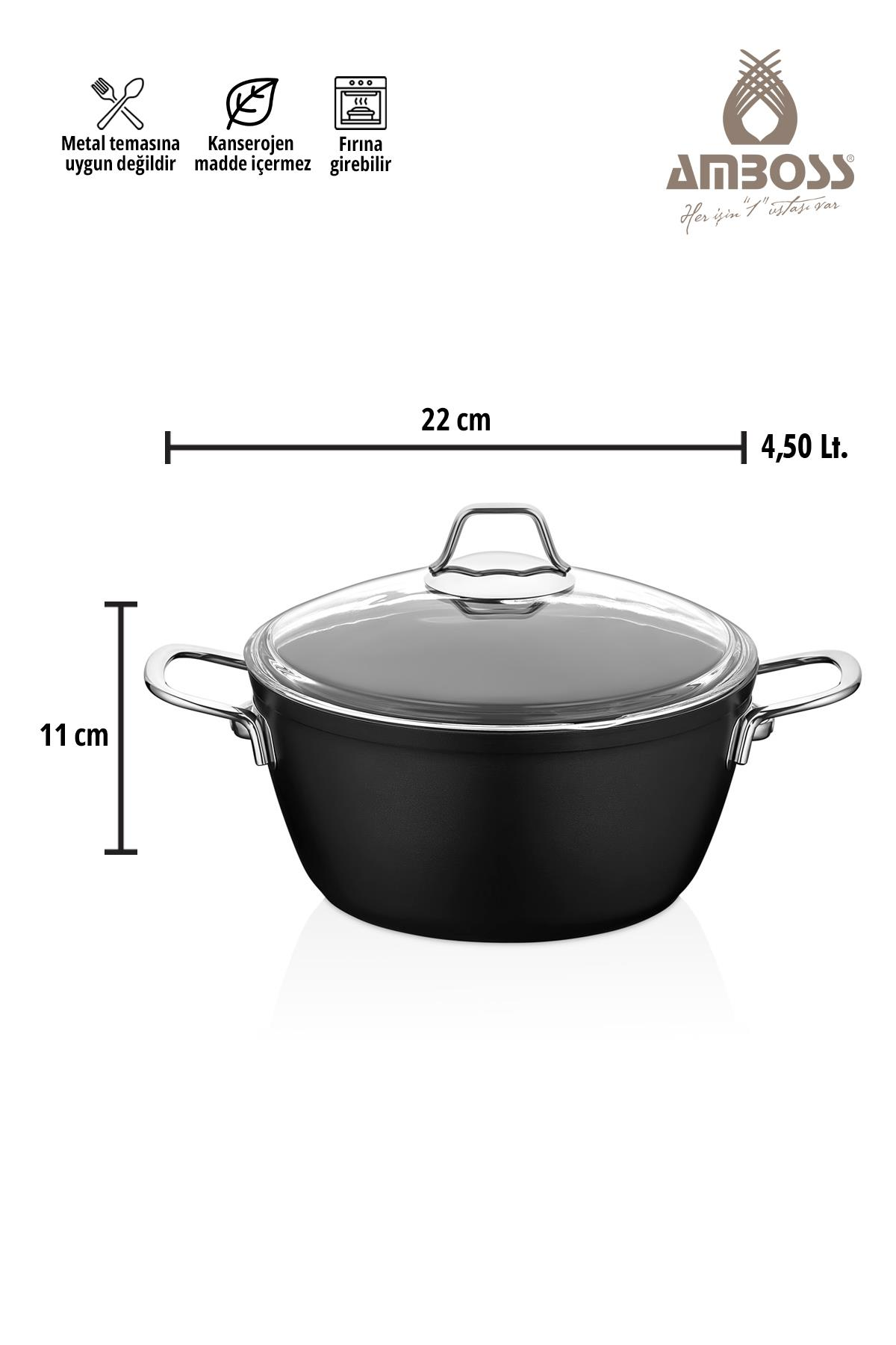 Siyah tencere, 22cm geniş, 11cm yüksek, 4,5 litre. Cam kapak.