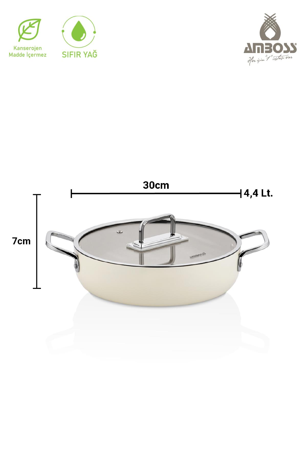 Krem rengi tencere, 30cm genişlik, 7cm yükseklik, 4.4L.