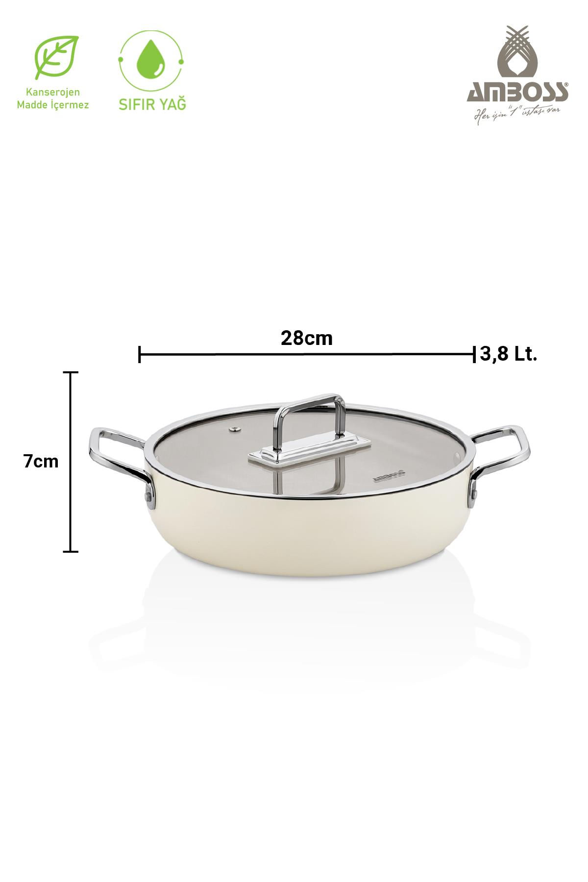 Krem rengi kapaklı tencere, 28cm genişlik, 7cm yükseklik, 3,8 litre.