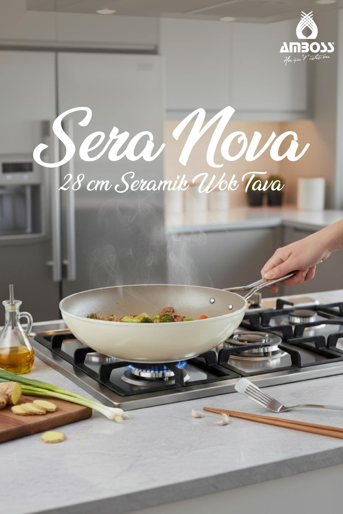 AMBOSS Sera Nova Doğal Seramik 2.8 Litre 28 cm Wok Tava Latte
