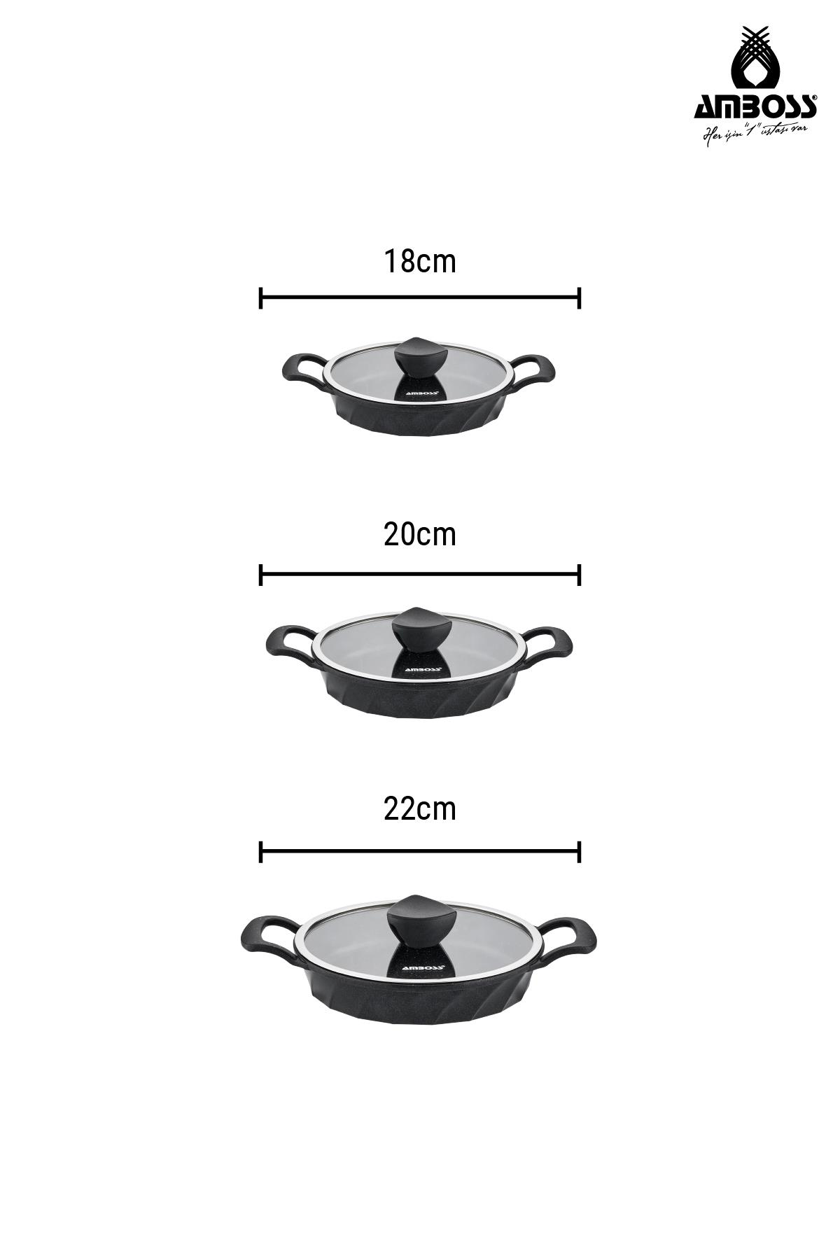 Cam kapaklı üç siyah tencere, 18cm, 20cm ve 22cm ölçülerinde.