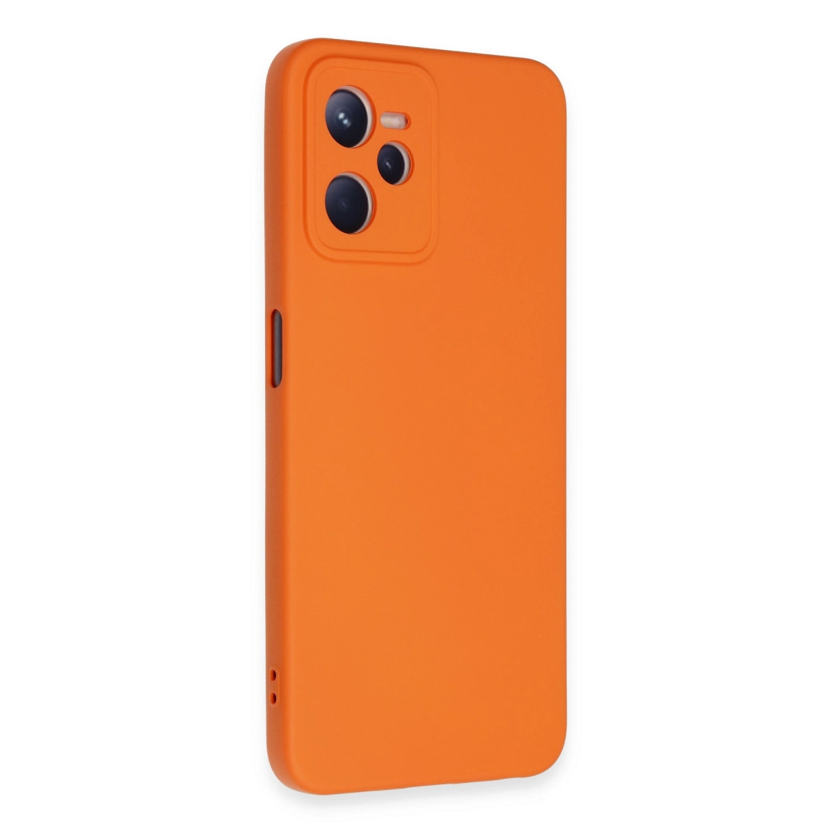 Arkada üç kamera lensi bulunan turuncu telefon kılıfı.