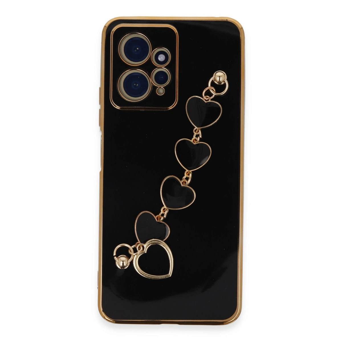 Altın çerçeveli ve kalp şeklinde takıclı siyah telefon kılıfı.