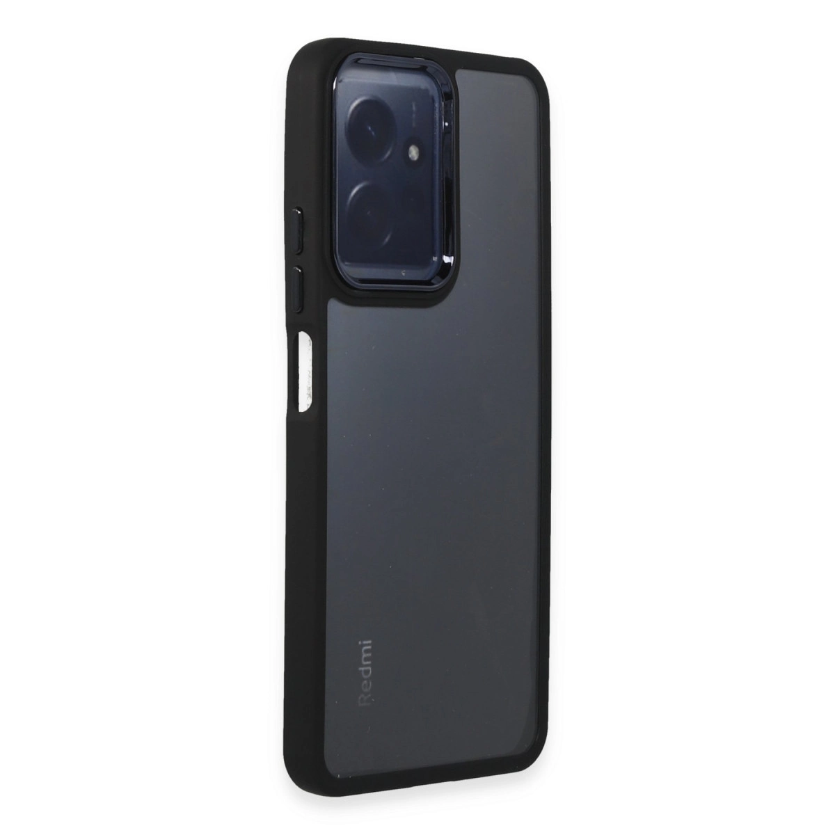 Şeffaf arka ve kamera modülüne sahip siyah telefon kılıfı.