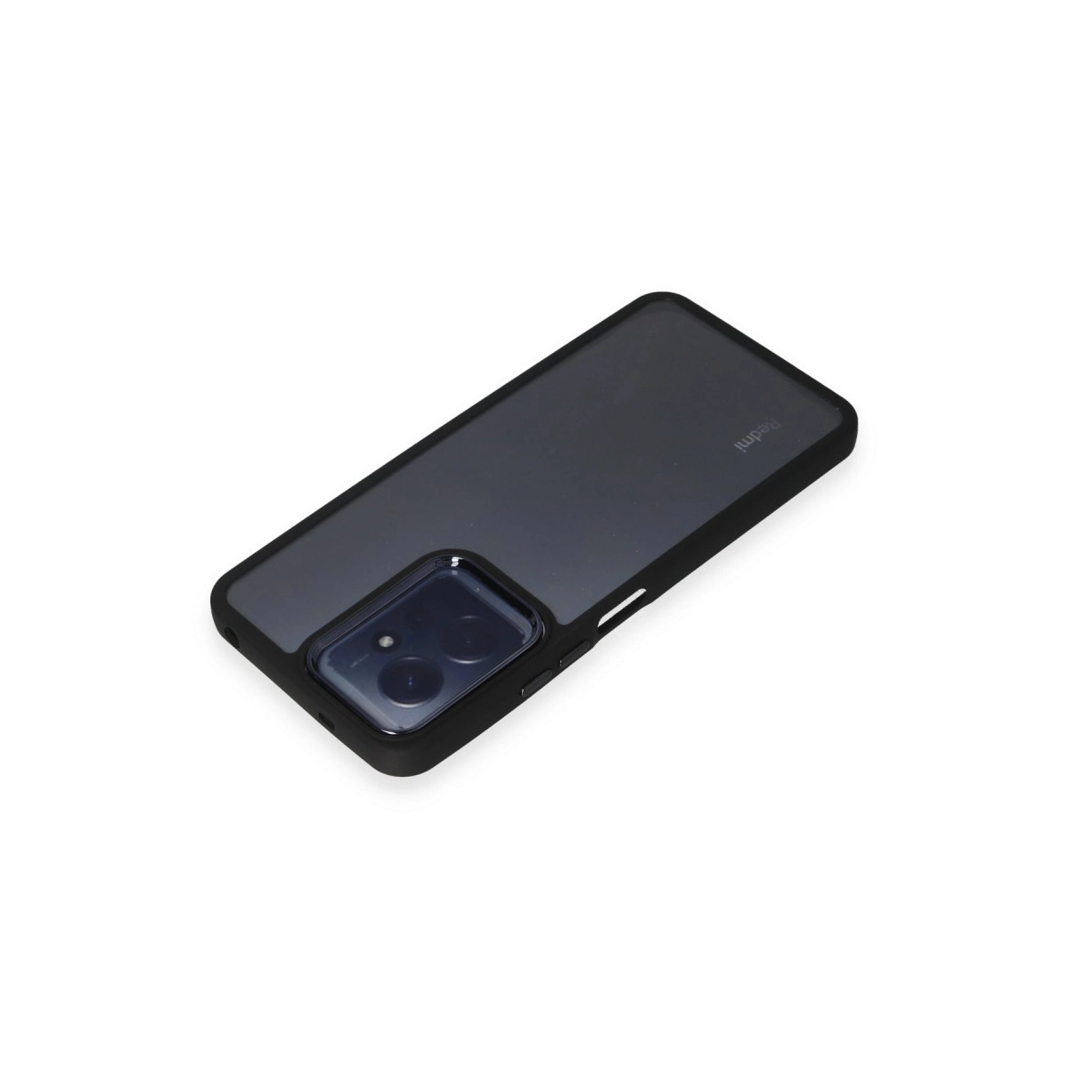 Beyaz arka plan üzerinde siyah kenarlı şeffaf telefon kılıfı.