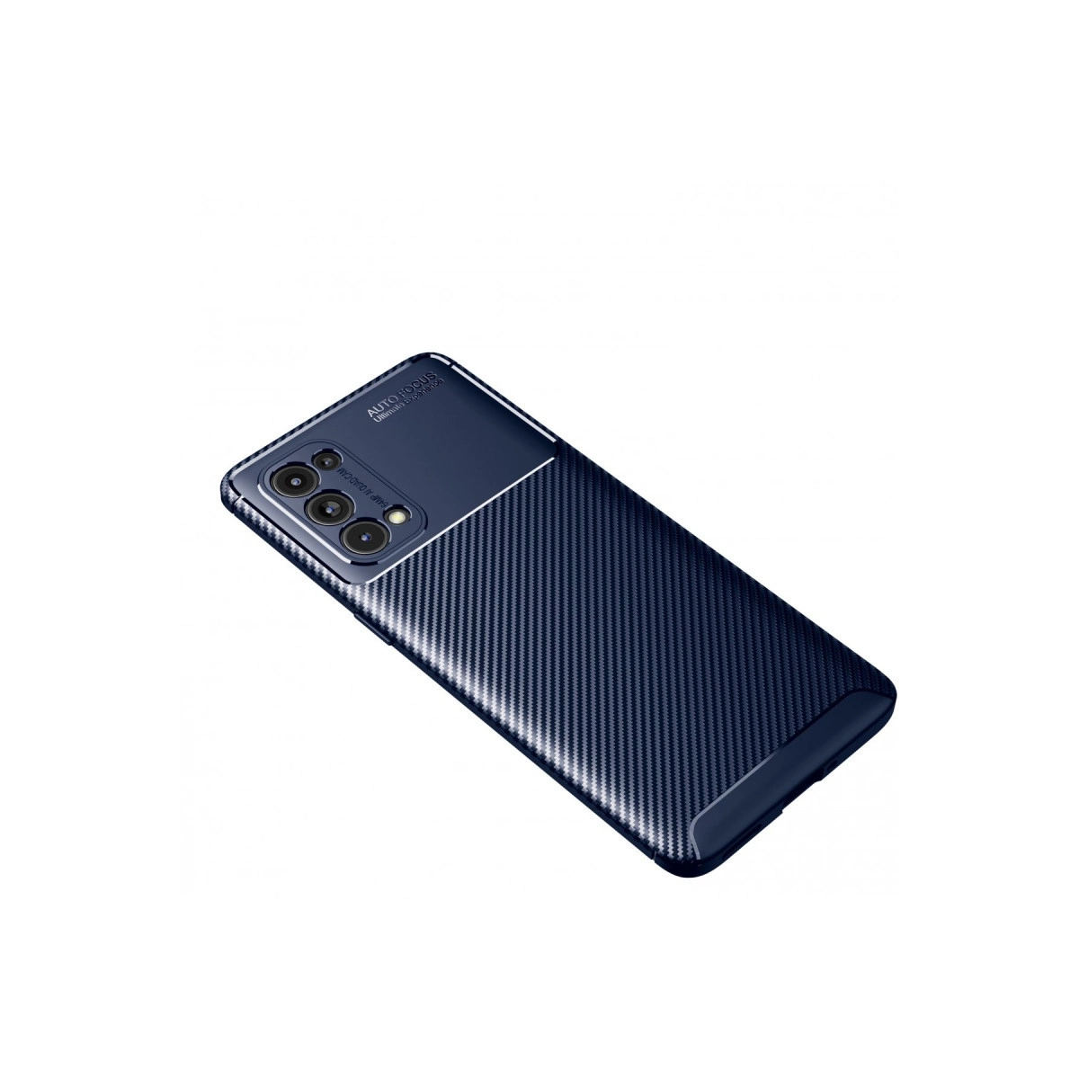 Karbon fiber desenli arkaya ve dört kameraya sahip lacivert akıllı telefon.