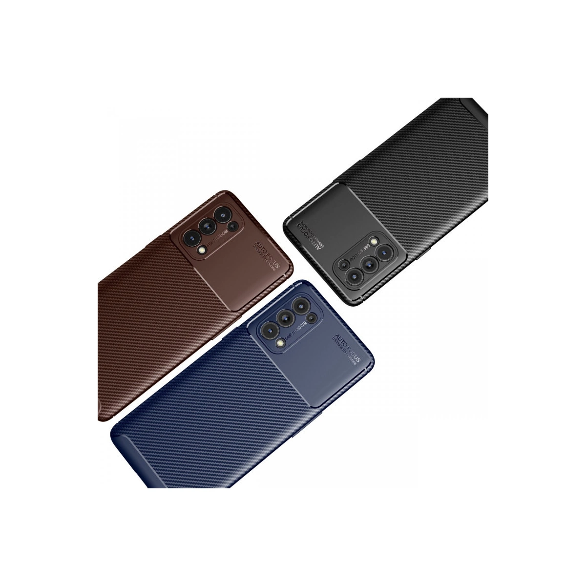 Karbon fiber dokulu kahverengi, siyah ve mavi üç telefon kılıfı.