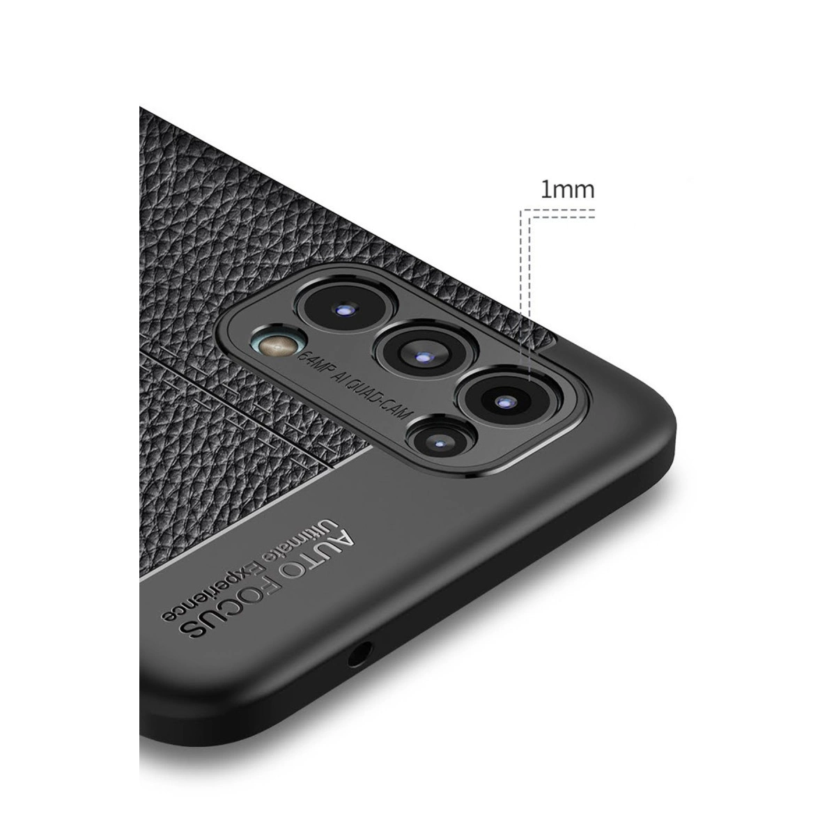 Dört kameralı, dokulu siyah telefon kılıfı. 1mm kalınlık belirtilmiş.