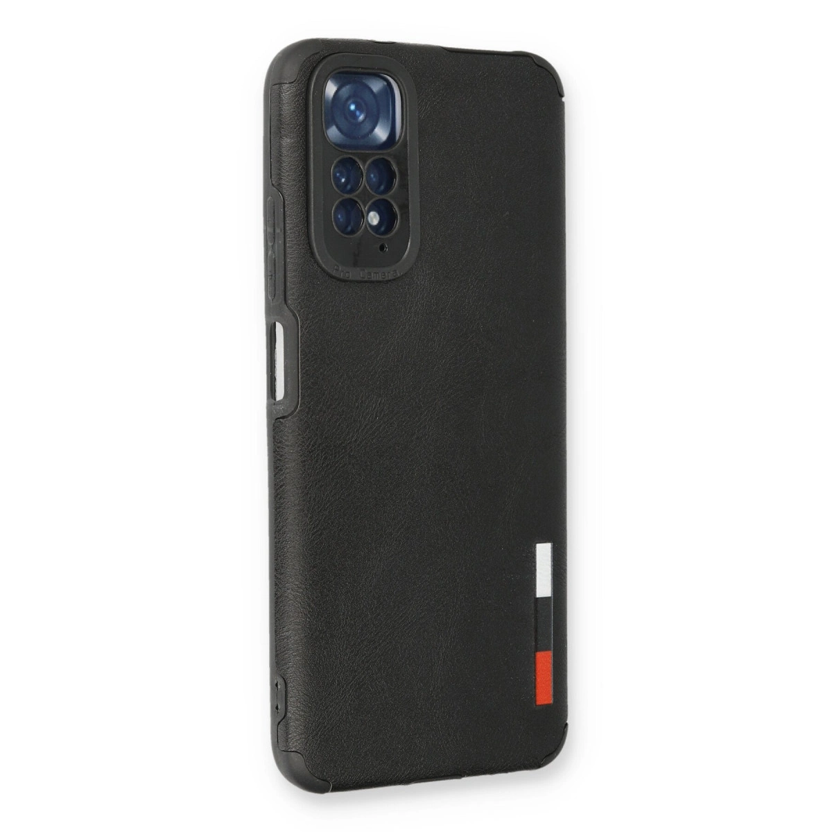 Kamera dizilimli ve üç dikey şeritli siyah telefon kılıfı.