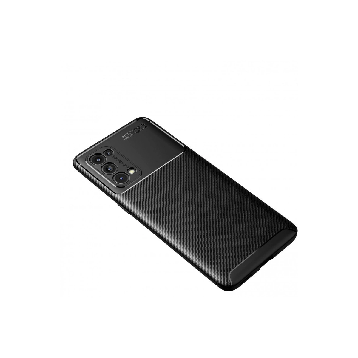 Karbon fiber desenli ve kamera modüllü siyah telefon kılıfı.