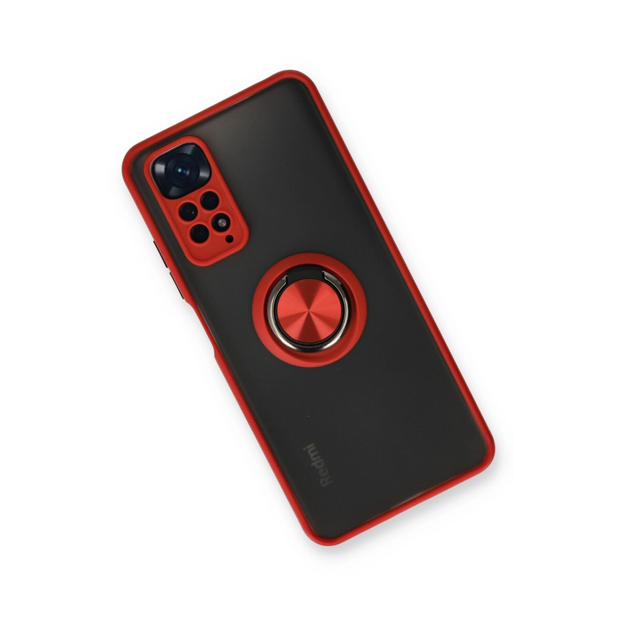 Kırmızı kenarlı, halka tutuculu ve kamera açıklıklı siyah telefon kılıfı.