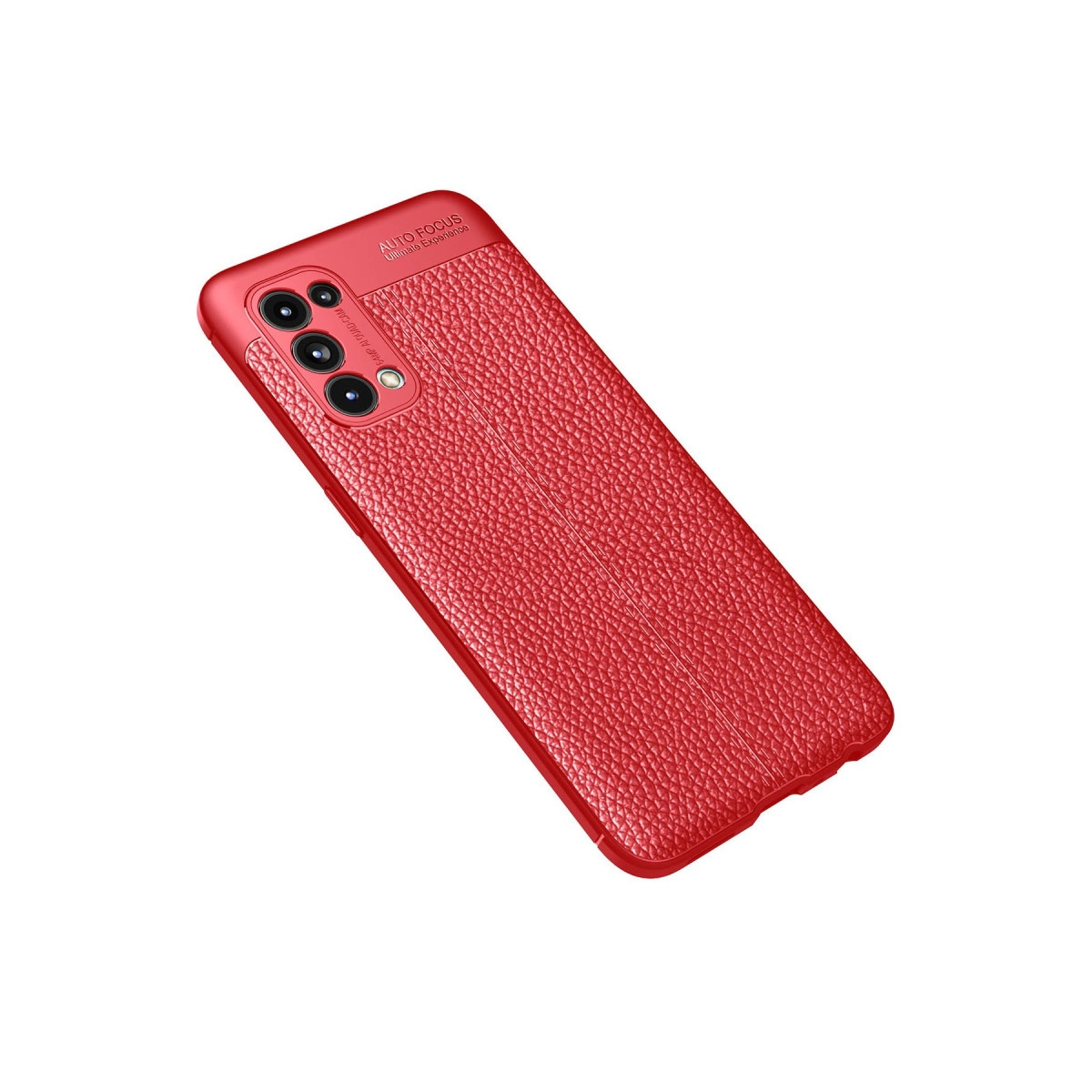 Arka yüzünde kamera modülü bulunan kırmızı, deri dokulu telefon kılıfı.