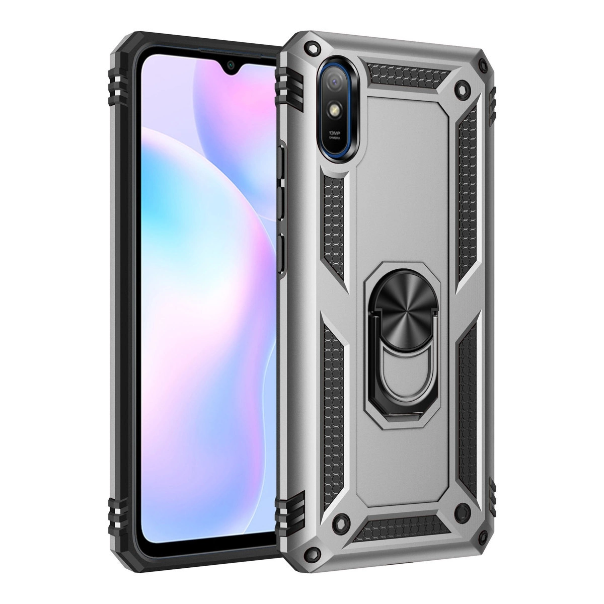 Gümüş telefon kılıfı, halka tutucu ve kamera lens detayları.