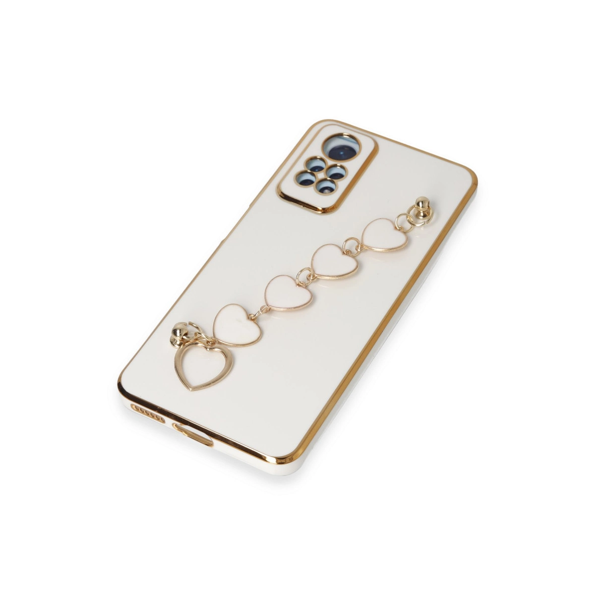 Altın kenarlı beyaz telefon kılıfı ve kalp takı takı.