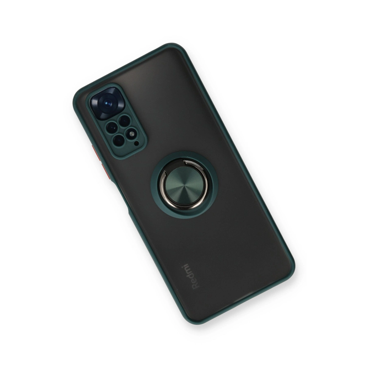 Halka tutuculu ve kamera kesimli koyu gri telefon kılıfı. Beyaz arka plan.