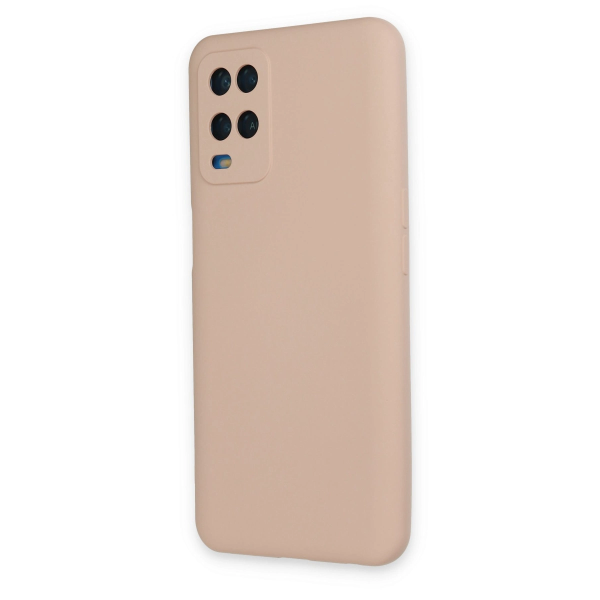 Dört lens içeren dikdörtgen kamera modülüne sahip bej telefon kılıfı.
