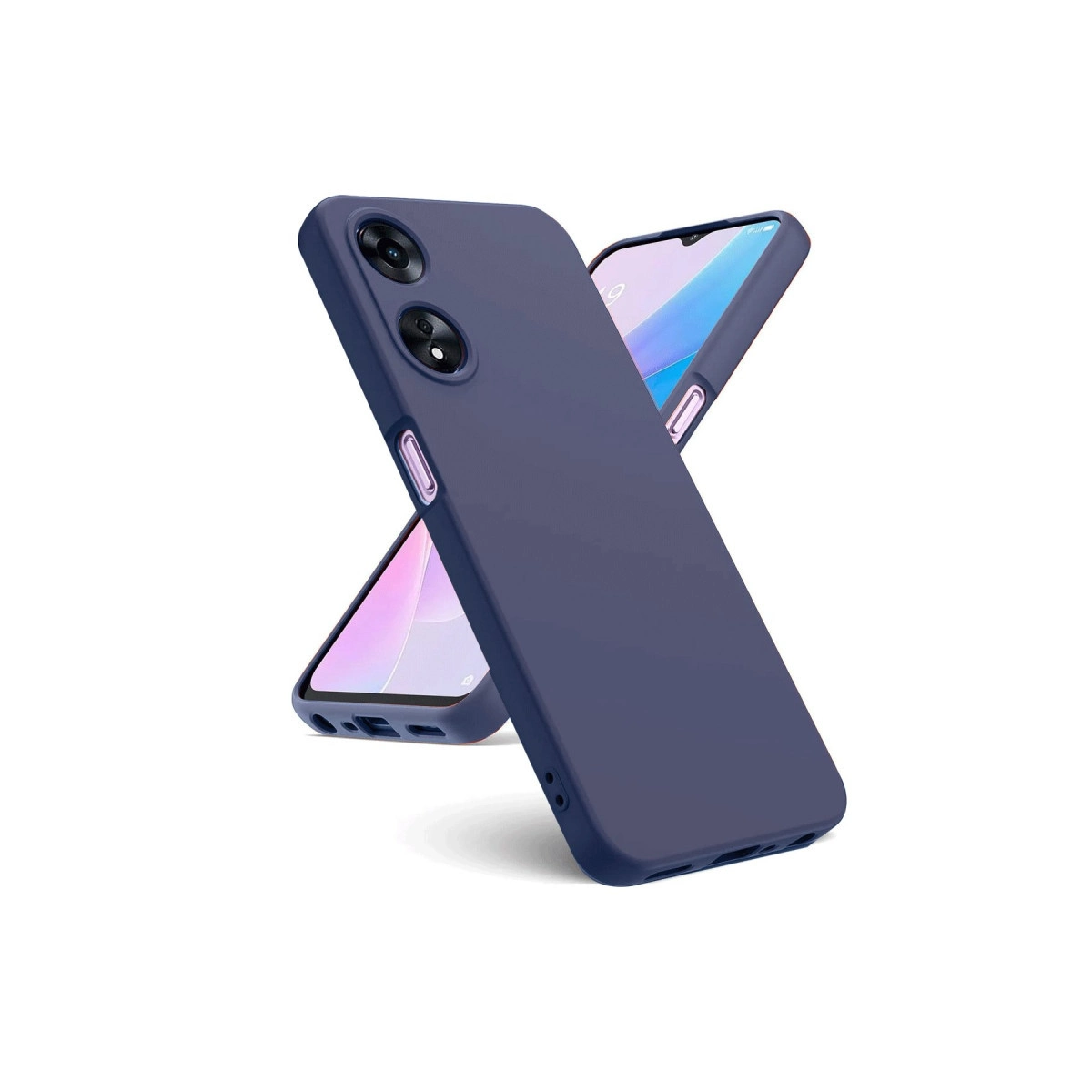 İki kameralı mavi telefon kılıfı, başka bir telefonun önünde duruyor.