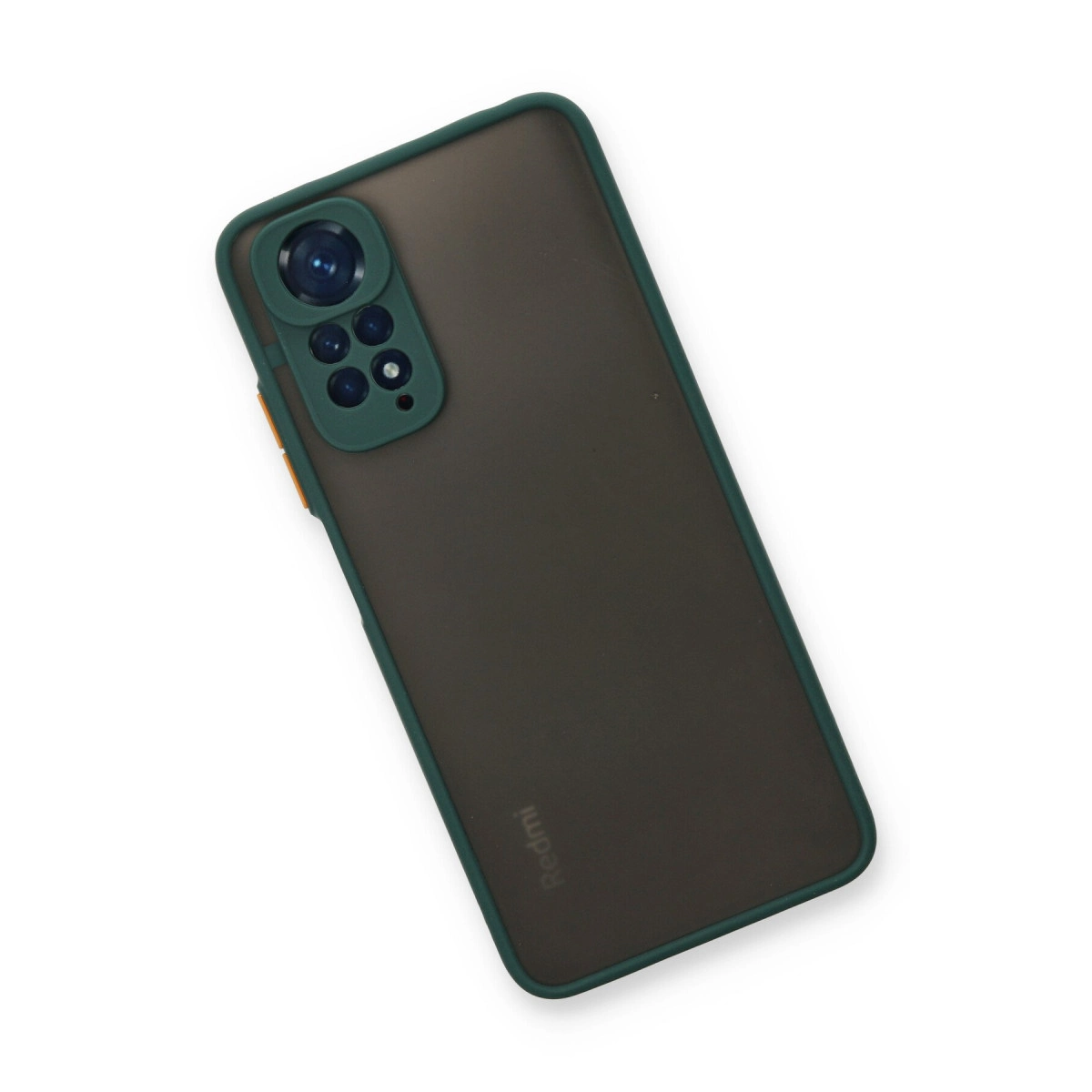 Yeşil çerçeveli, koyu gri telefon ve kamera kapağı. "Redmi" logosu.